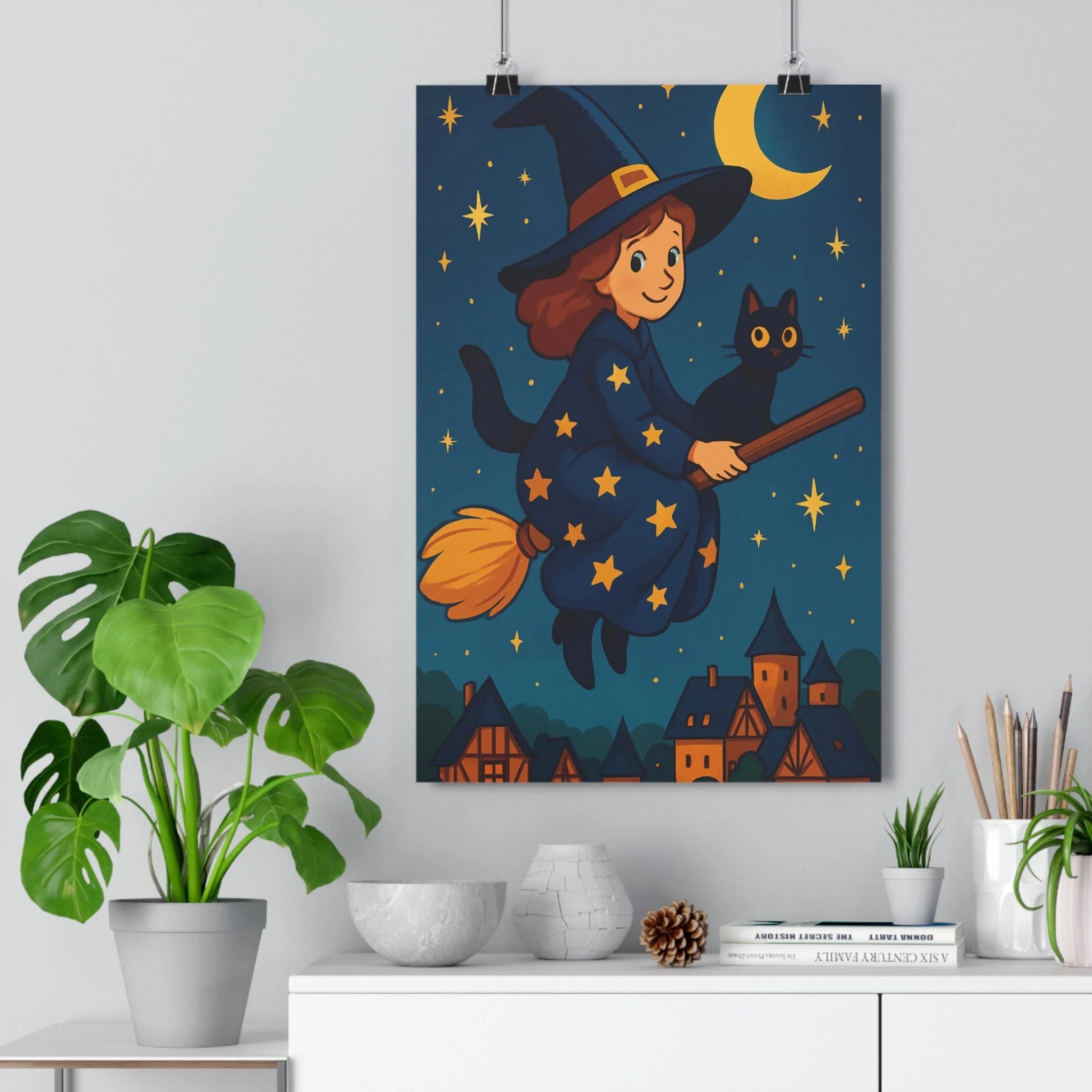 Poster décoratif sorcière chat noir violet mystérieux magique anime chambre étoilé balai ciel étoile
