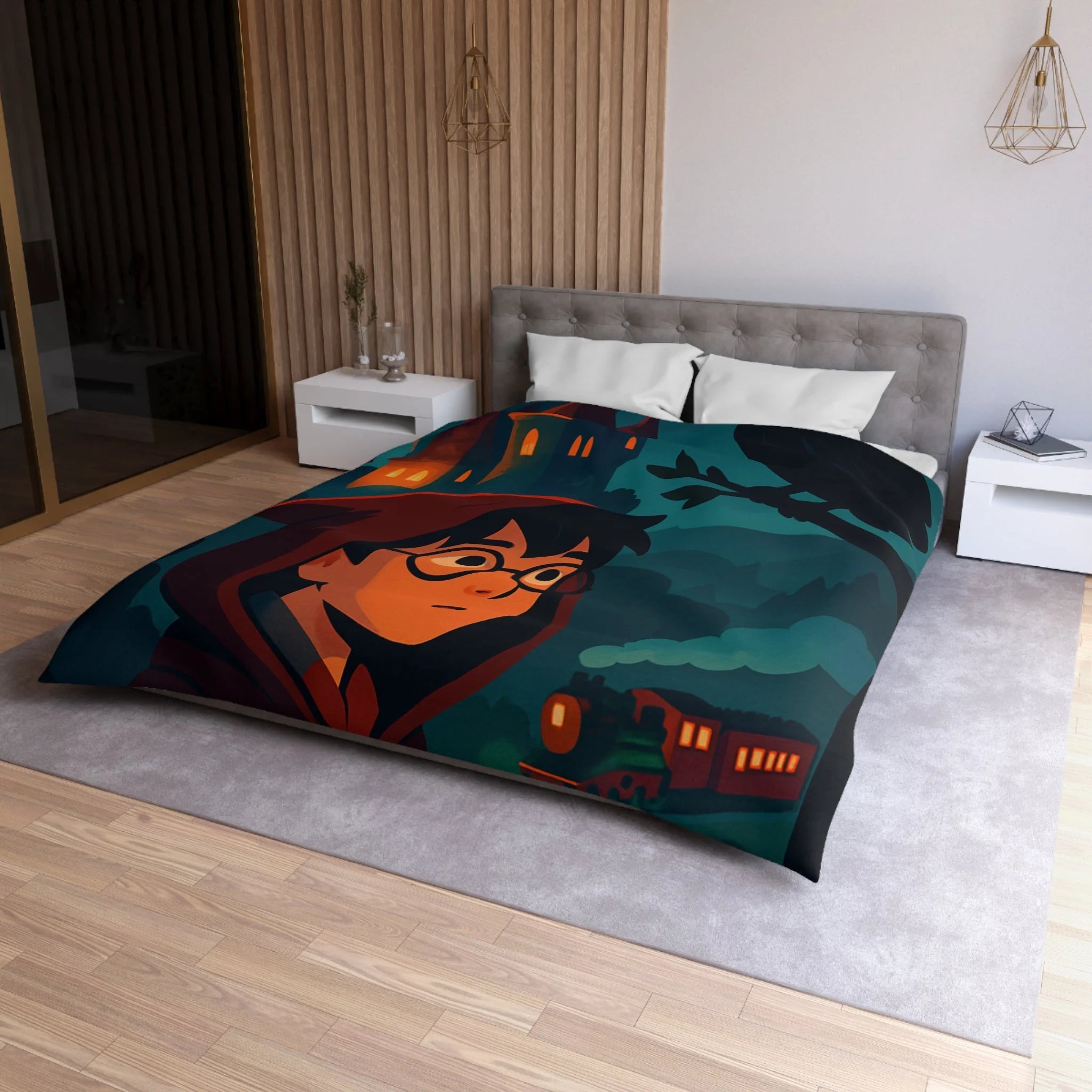 Housse de couette mystique avec château, héros et hibou pour chambre enchantée