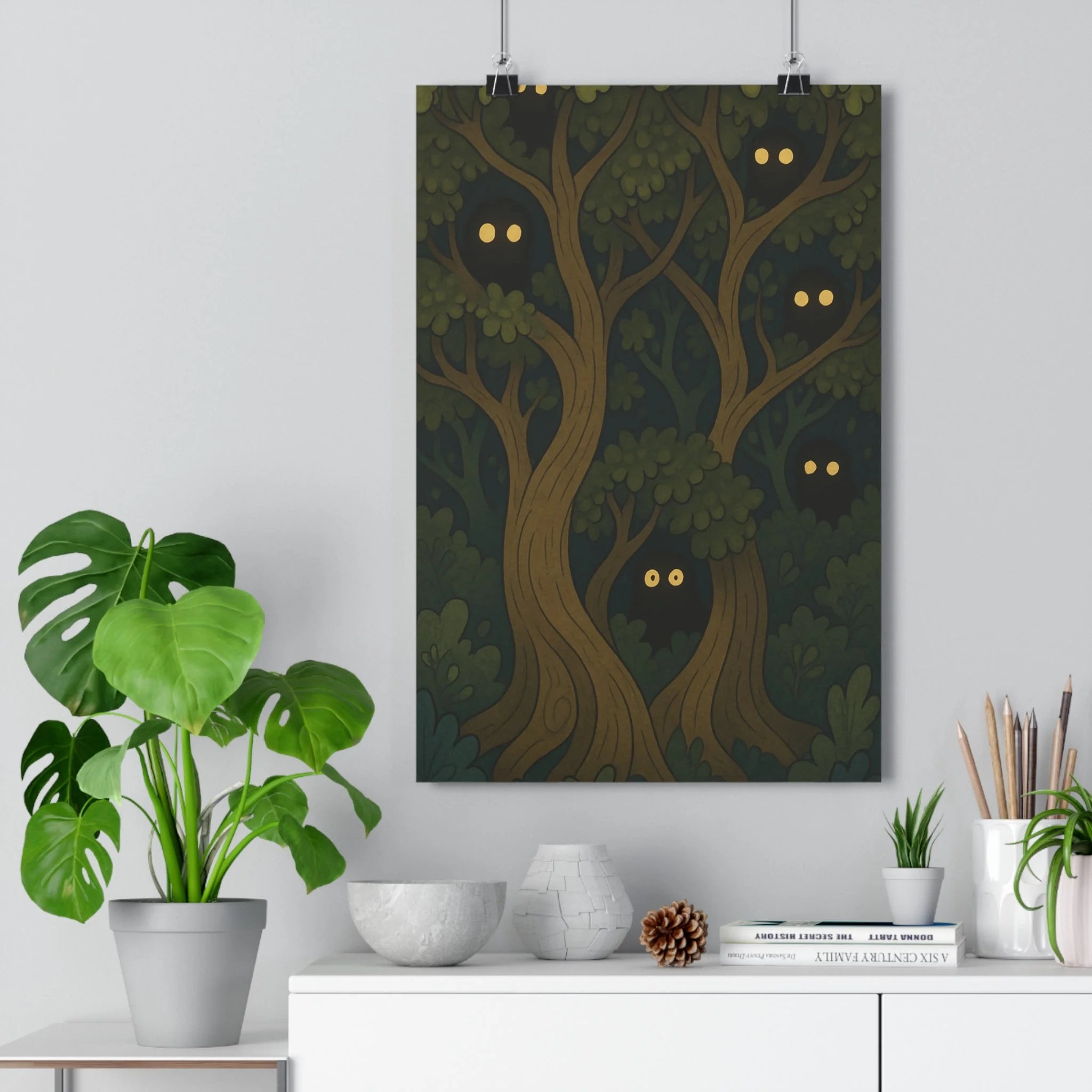 Poster décoratif mystérieux forêt vert sombre cartoon énigmatique chambre détente lecture créature rêveur qualité