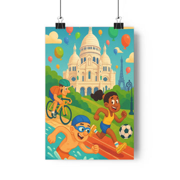 Poster enfants sportifs basilique sacrecoeur tour eiffel ciel bleu nuages ballons colorés plantes verte étagère ambiance joyeuse dynamique chambre salon
