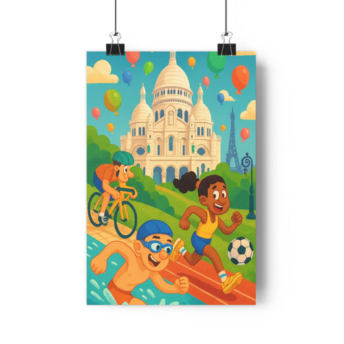 Poster enfants sportifs basilique sacrecoeur tour eiffel ciel bleu nuages ballons colorés plantes verte étagère ambiance joyeuse dynamique chambre salon