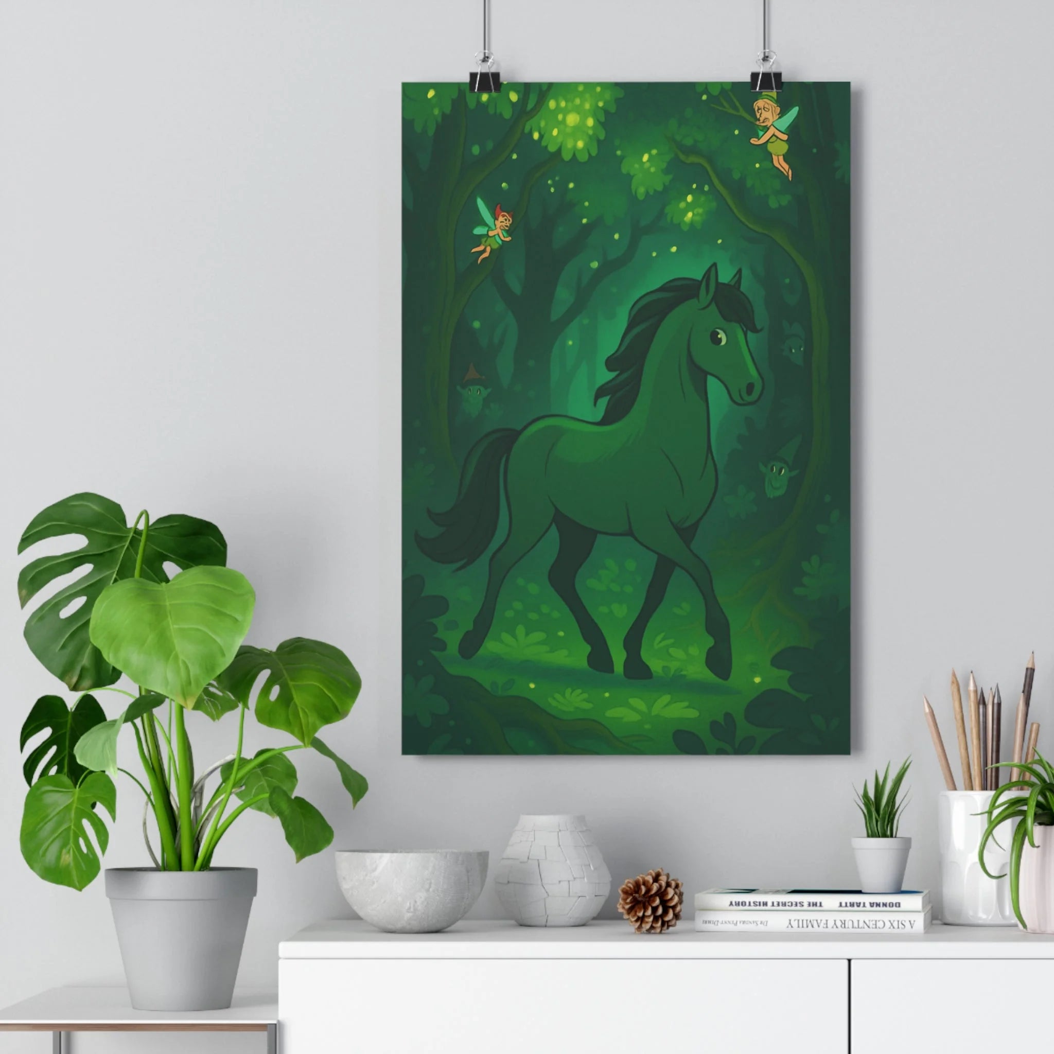 Poster décoratif forêt enchantée cheval vert mystique cartoon enfant magique chambre apaisant créatures fées