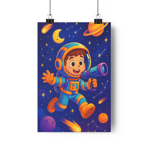 Poster enfant astronaute lunettes constellations planètes comètes ciel nocturne plantes livres ambiance chaleureuse léger aventure bleu orange violet cartoon
