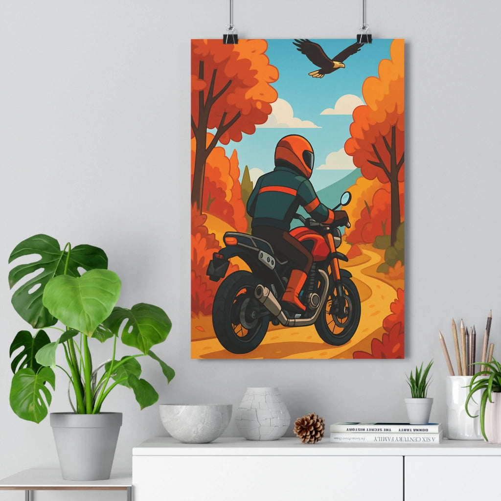 Poster décoratif automnal cartoon aventure motard forêt rouge orange chambre salon moderne nature qualité