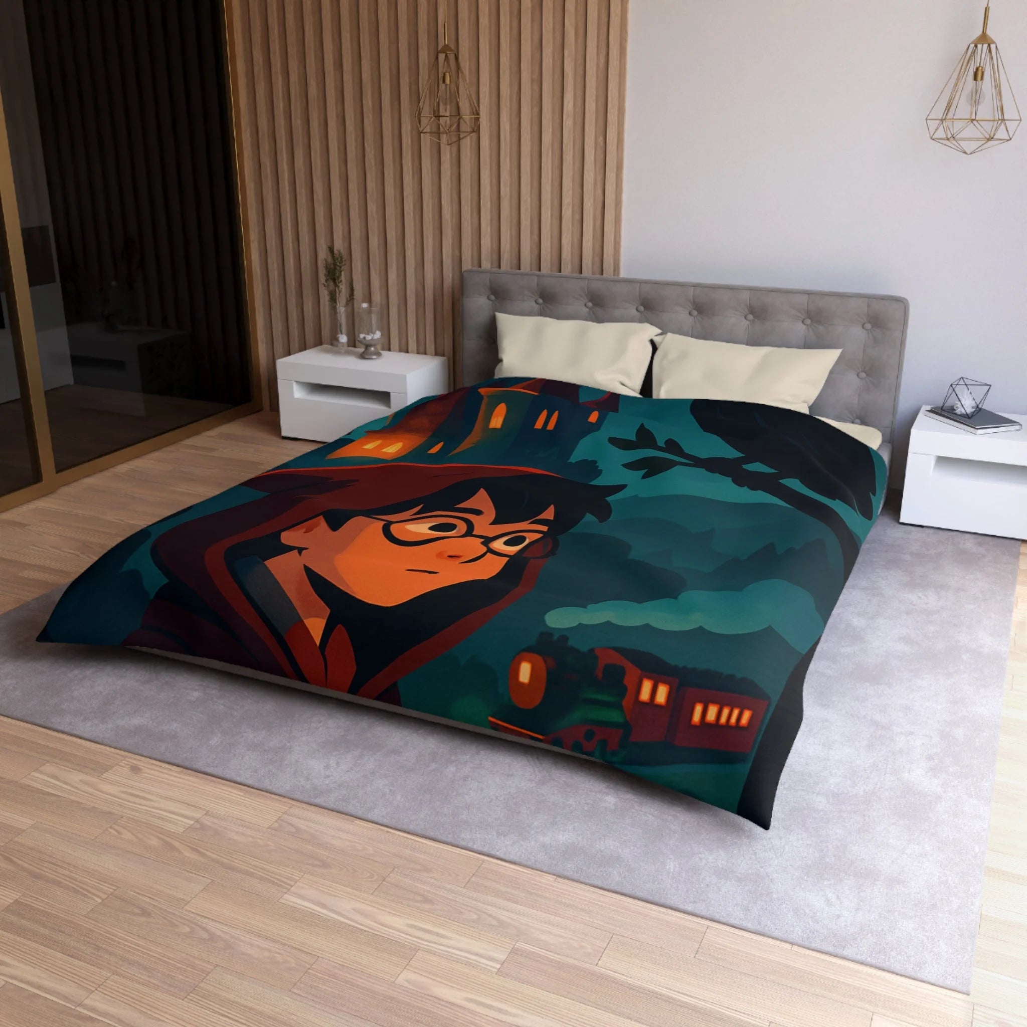 Housse de couette mystique avec château, héros et hibou pour chambre enchantée