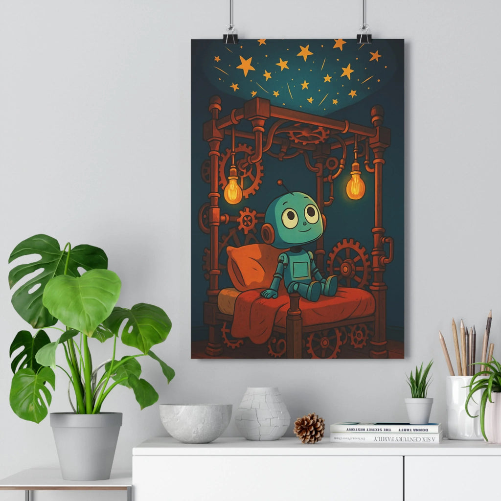 Poster décoratif steampunk cuivré noir doré mystique chambre enfant robot engrenages magique étoilé ambiance