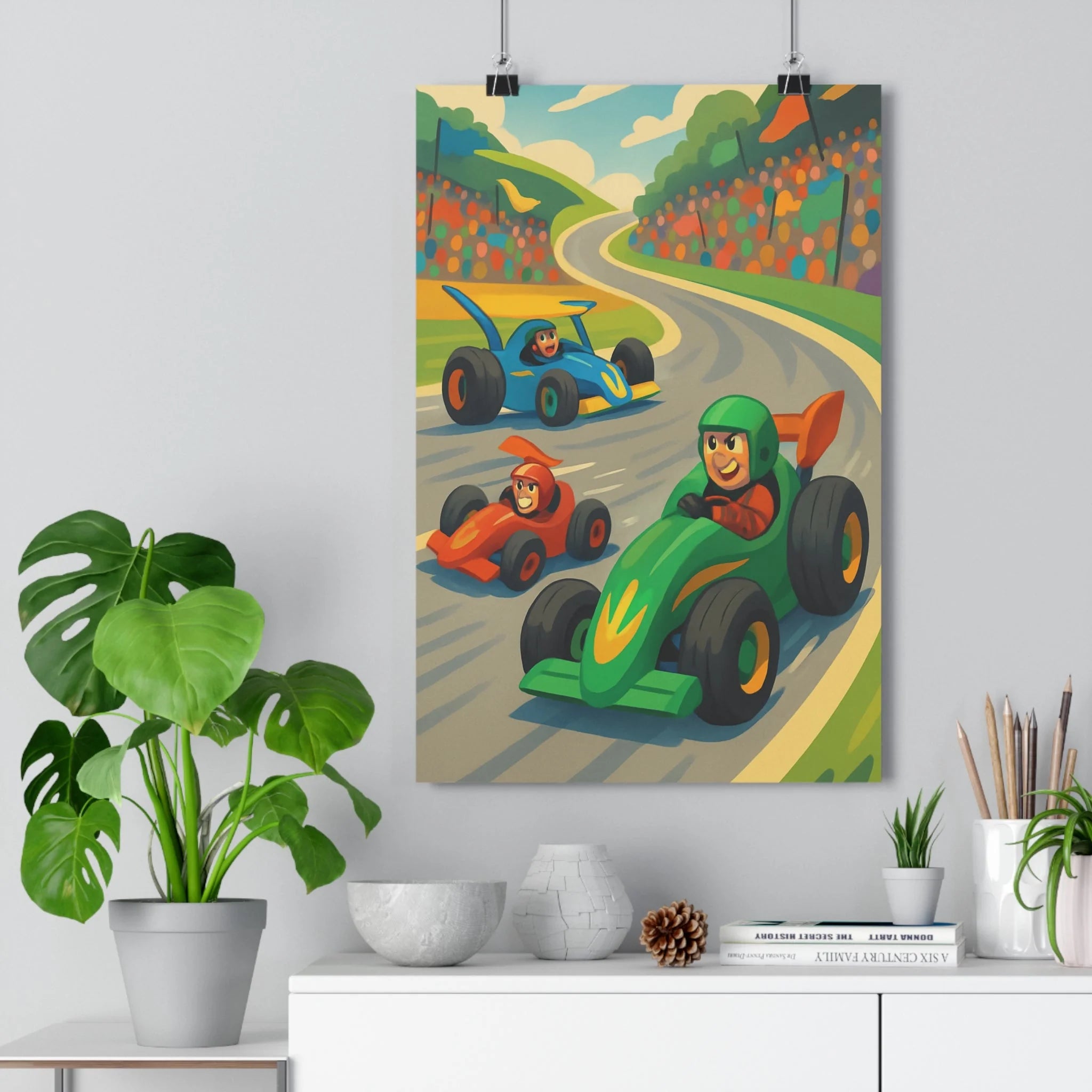 Poster décoratif cartoon joyeux vert bleu rouge chambre enfant dynamique original vibrant fun course