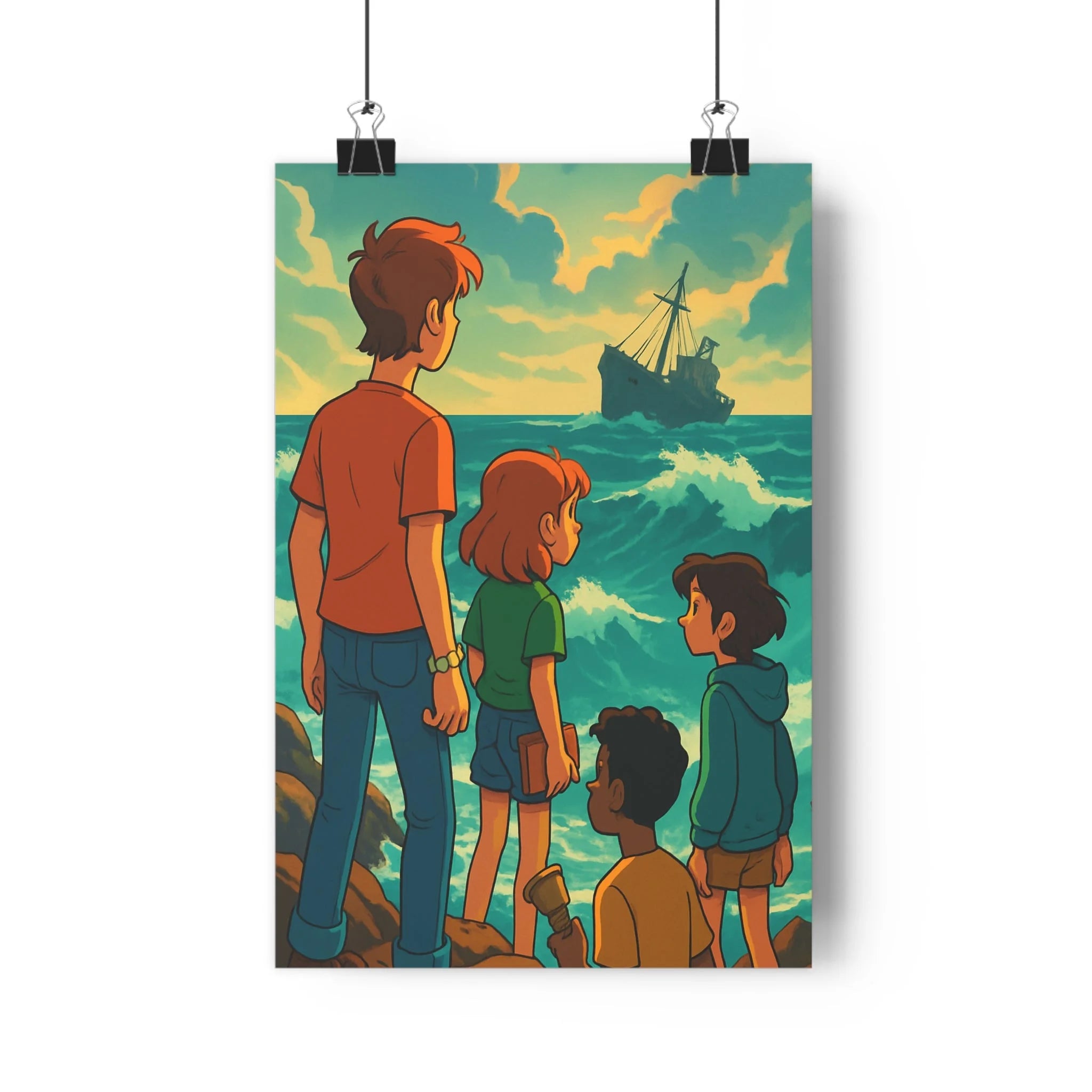 Poster décoratif cartoon aventure coucher soleil bleu orange chambre salon dynamique moderne ambiance mystérieuse