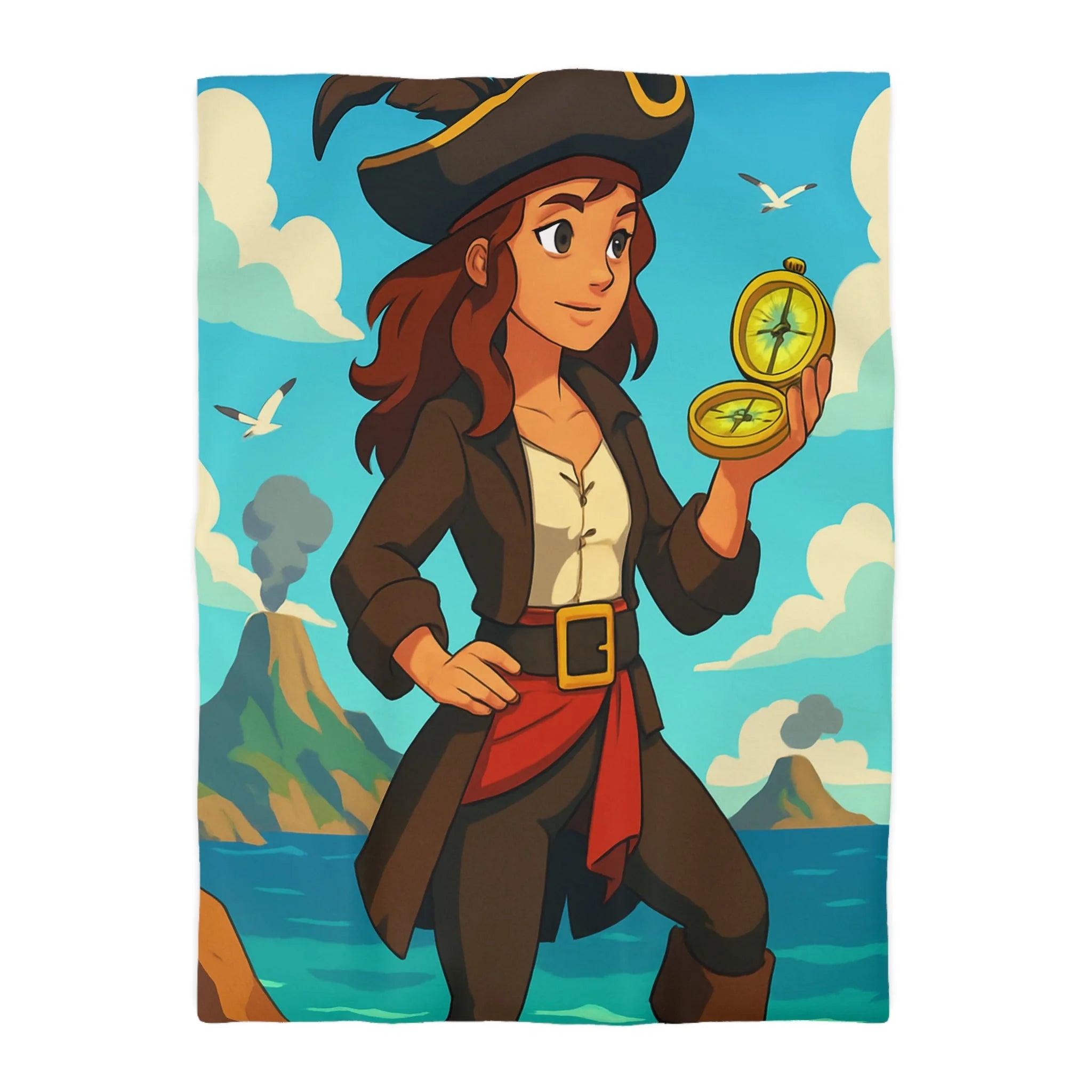 Housse de couette piraterie avec paysage maritime et aventurière avec boussole