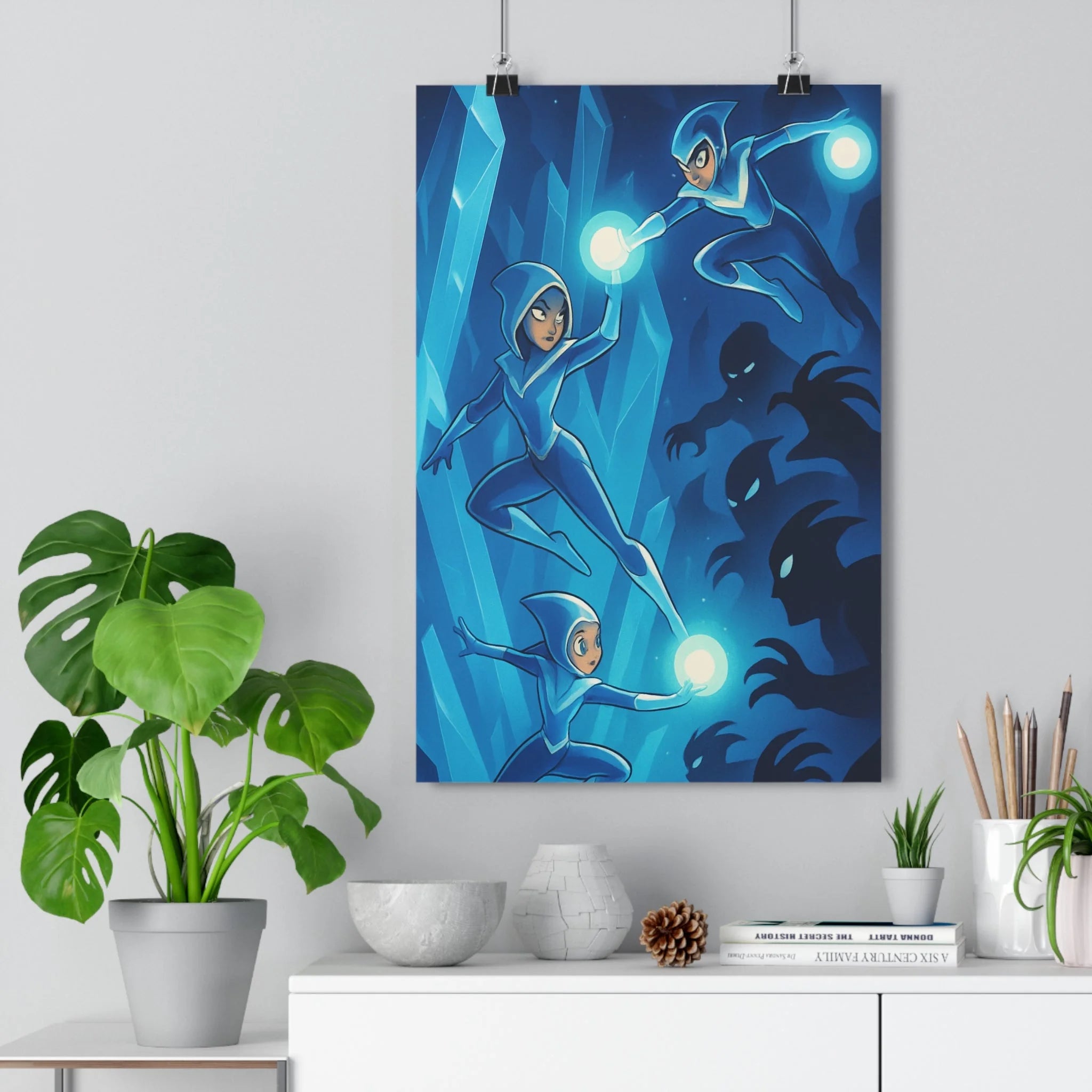 Poster décoratif futuriste bleu mystique salon chambre bureau intense lumineux captivant personnage action cristal