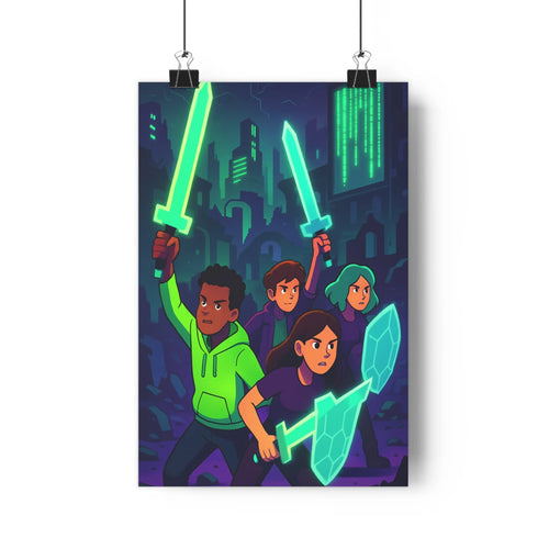 Poster nuit urbaine aventurière personnages éclairants épées colorées code lumineux intérieur moderne ambiance mystérieuse chambre salon