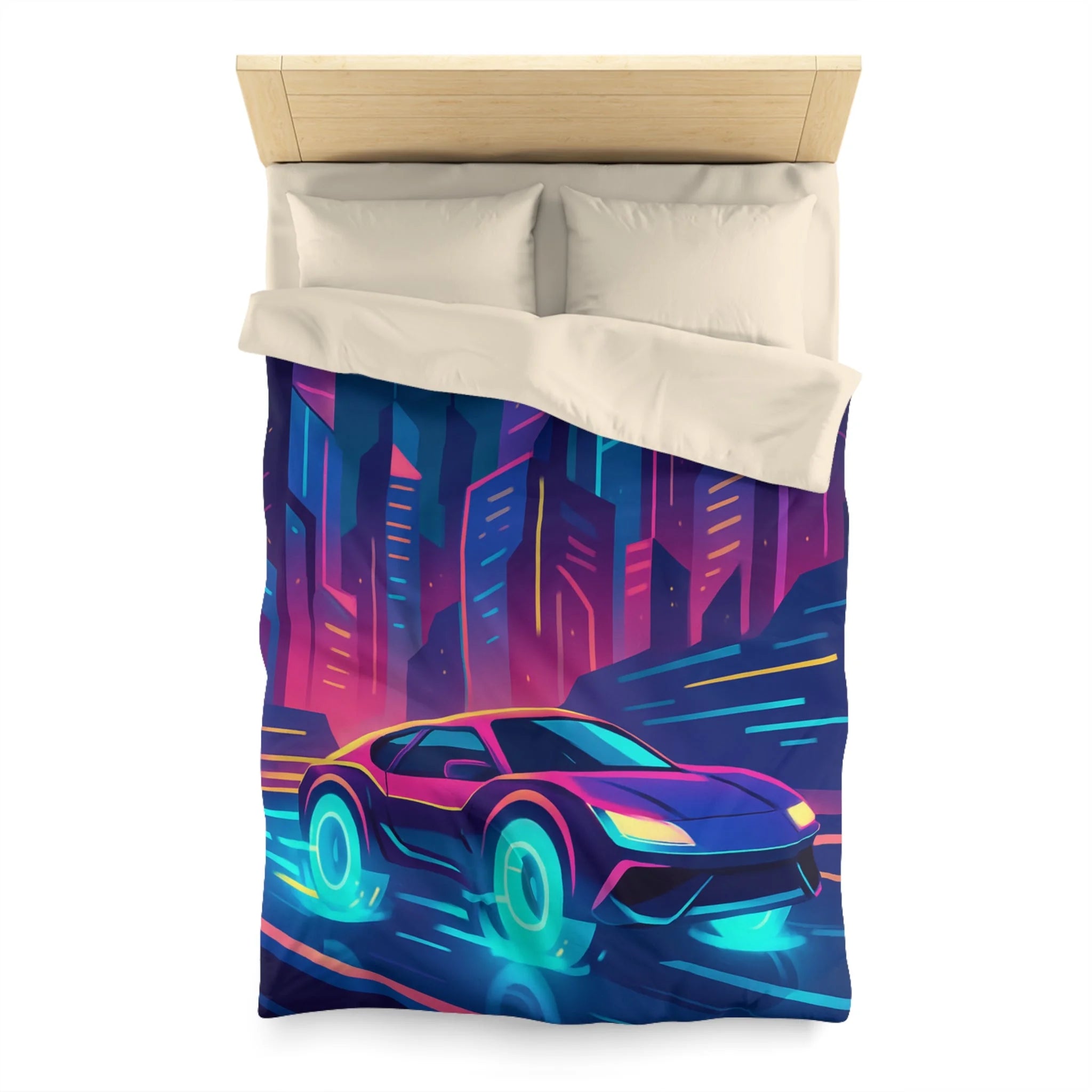 Parure de lit futuriste avec voiture néon sous lune pleine en ville vibrante