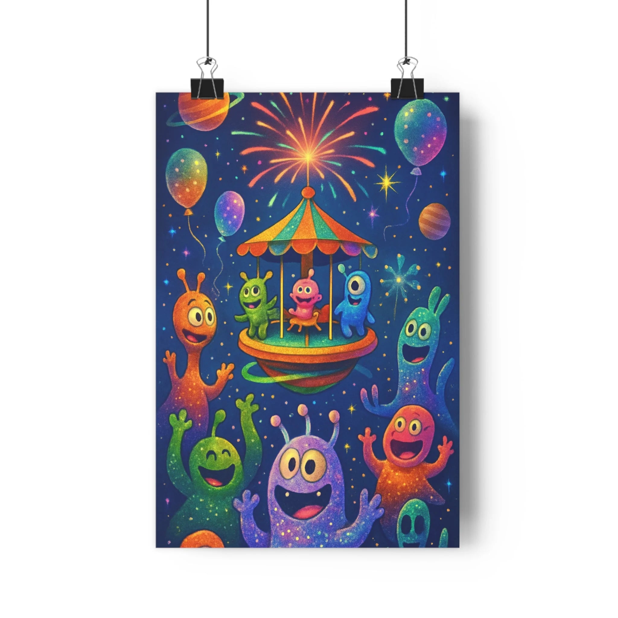 Poster décoratif carnaval cosmique vert rose bleu cartoon joyeux étoilé enfant salon vibrant univers