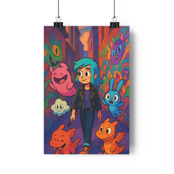 Poster moderne joyeuse femme cheveux bleus vestecuir créatures colorées rue motif géométrique couleurs vives ambiance festive chambre salon