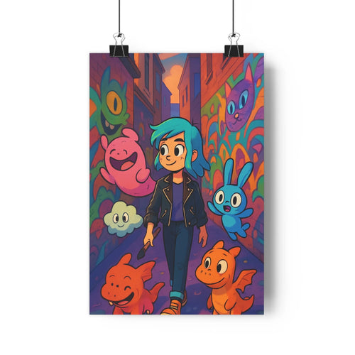 Poster moderne joyeuse femme cheveux bleus vestecuir créatures colorées rue motif géométrique couleurs vives ambiance festive chambre salon