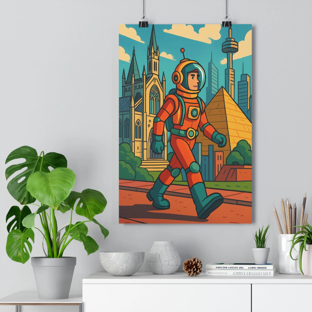 Poster astronaut spatial rue pavée cathédrale gothique pyramide gratte-ciels bleus verts orange détails dorés style cartoon futuriste historique moderne salon