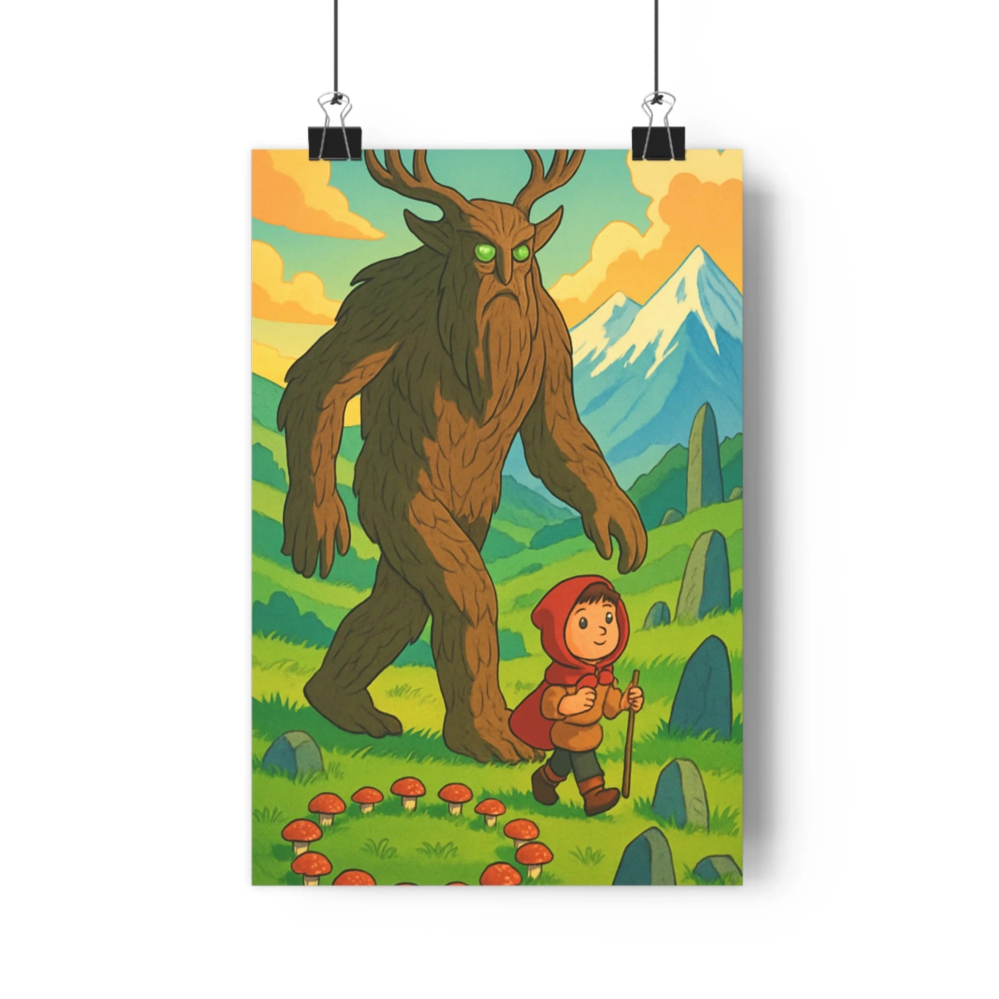 Poster décoratif fantastique rouge vert enfant mystique chambre salon aventure nature magique intemporel montagne