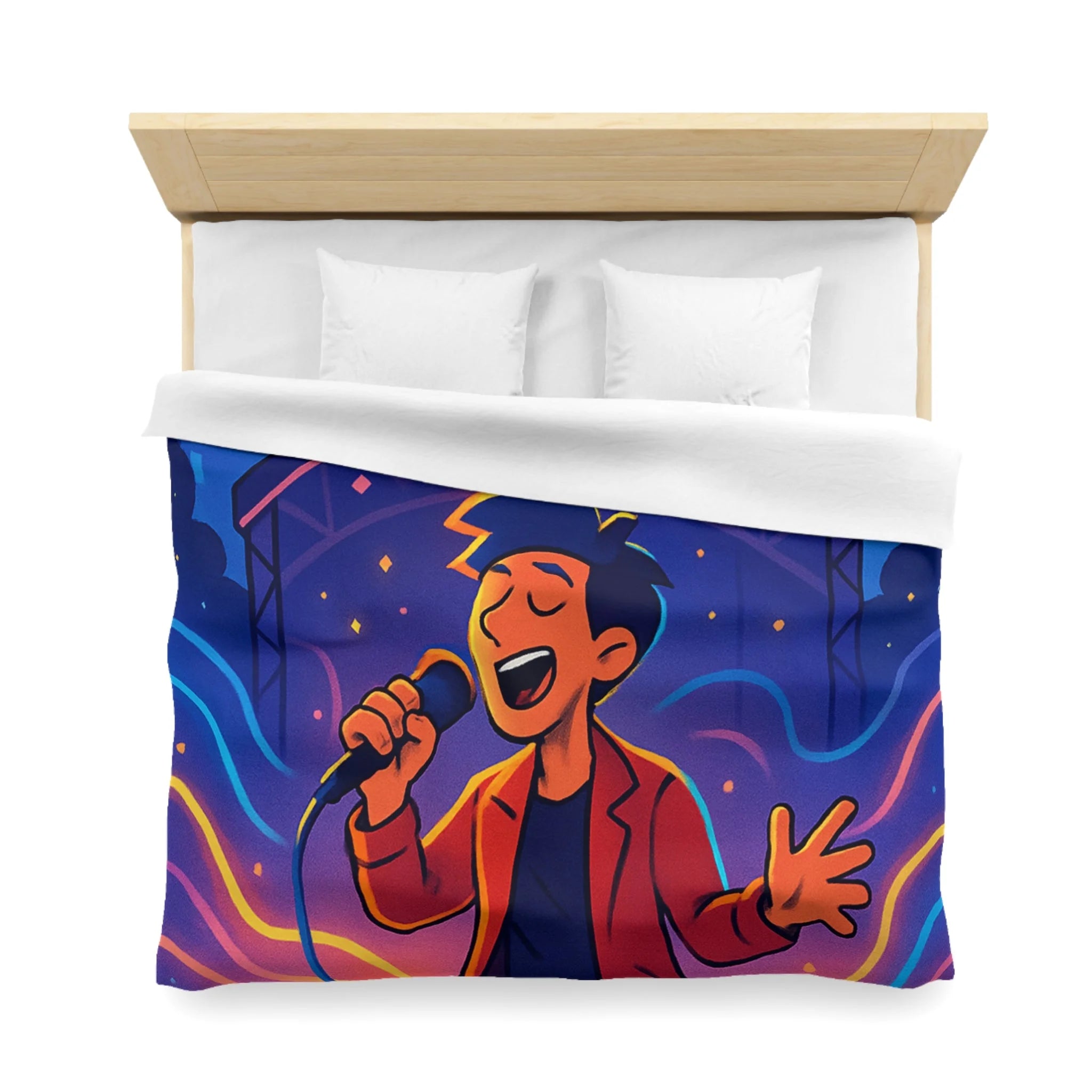 Housse de couette scène vibrante de concert nocturne avec chanteur et couleurs éclatantes