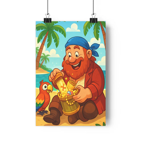 Poster pirate cartoon plage trésor perroquet palmiers ciel bleu nuages barbe épaisse costume rouge bandana sourire joyeux festif tropical ambiente