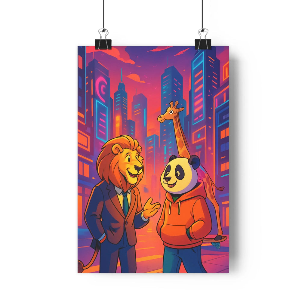 Poster urbain lions pandas girafe conversation crépuscule gratte-ciels roses oranges bleus violettes ambiance amicale contemporain chambre salon