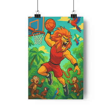 Poster lion cartoon jungle basket singes végétation palmiers oiseaux rouge vert énergie dynamique chambre salon