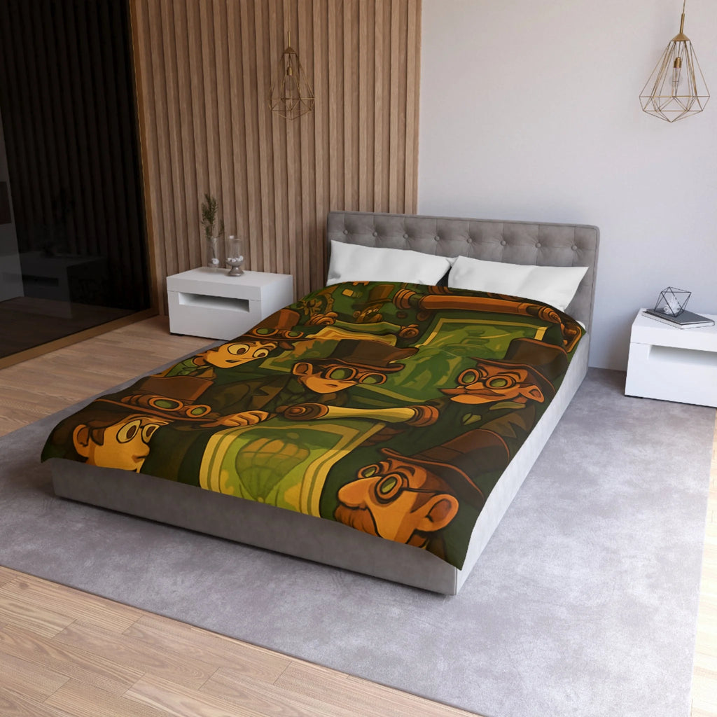Housse de couette steampunk rétro vintage, illustration de gentlemen en chapeaux et engrenages