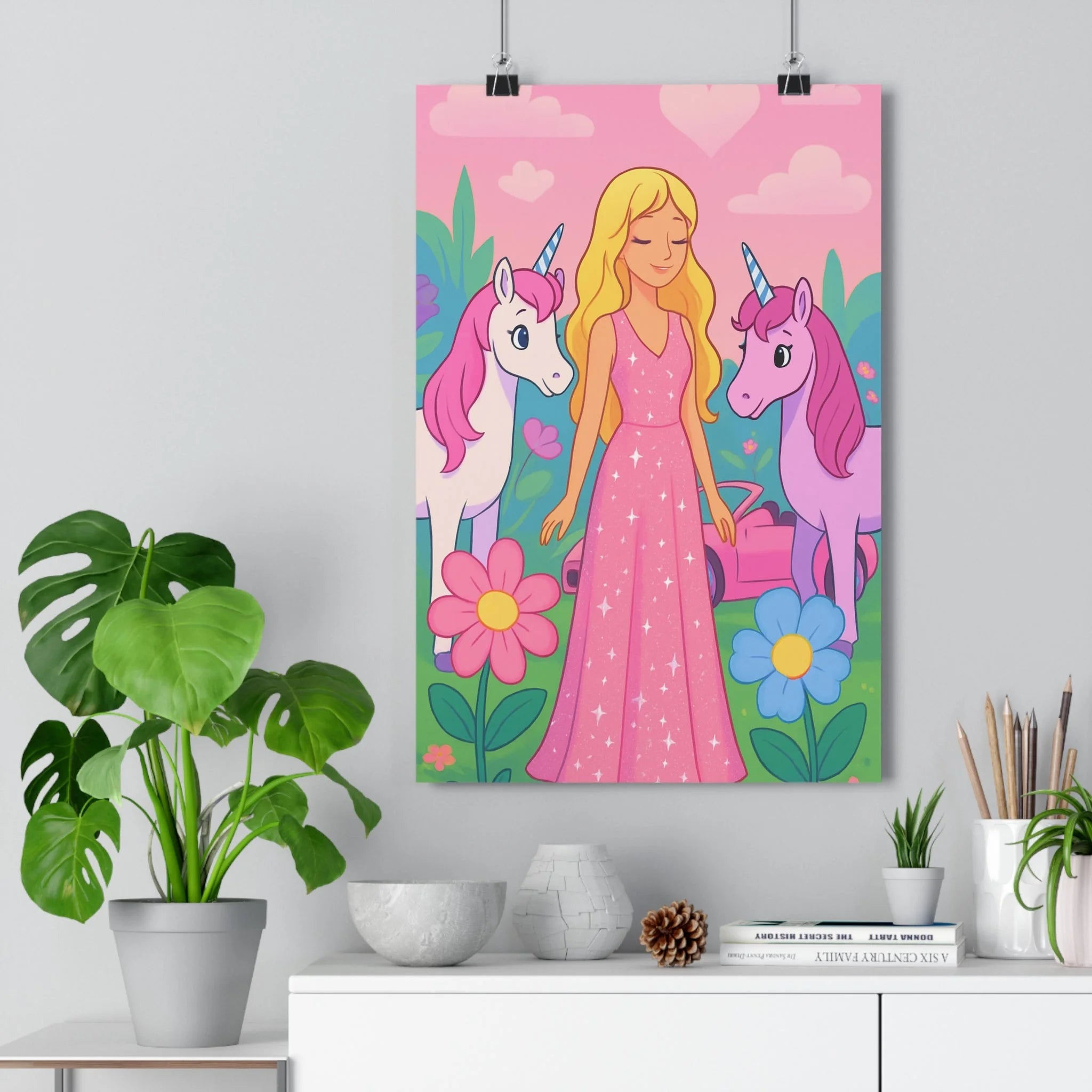 Poster décoratif rose glamour moderne magique chambre enfant scène enchantée fille licorne joyeux vibrant