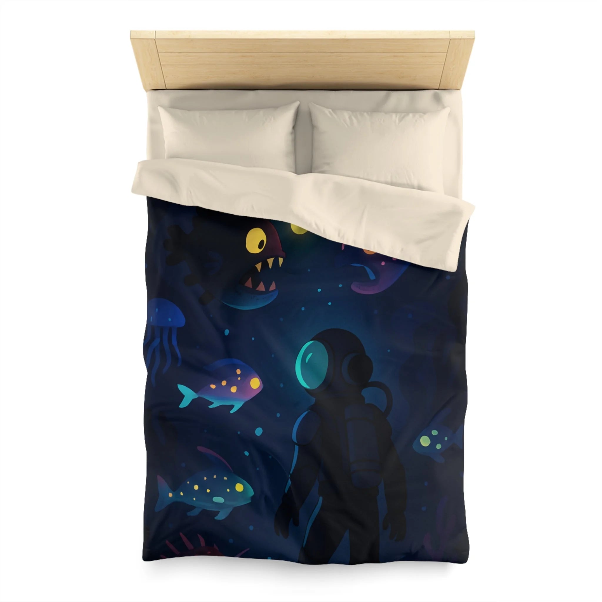 Housse de couette océanique avec plongeur et créatures marines lumineuses mystérieuses
