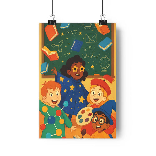 Poster enfants joyeux ardoise mathématiques science peinture livres flottants ambiance positive créative chambre classe