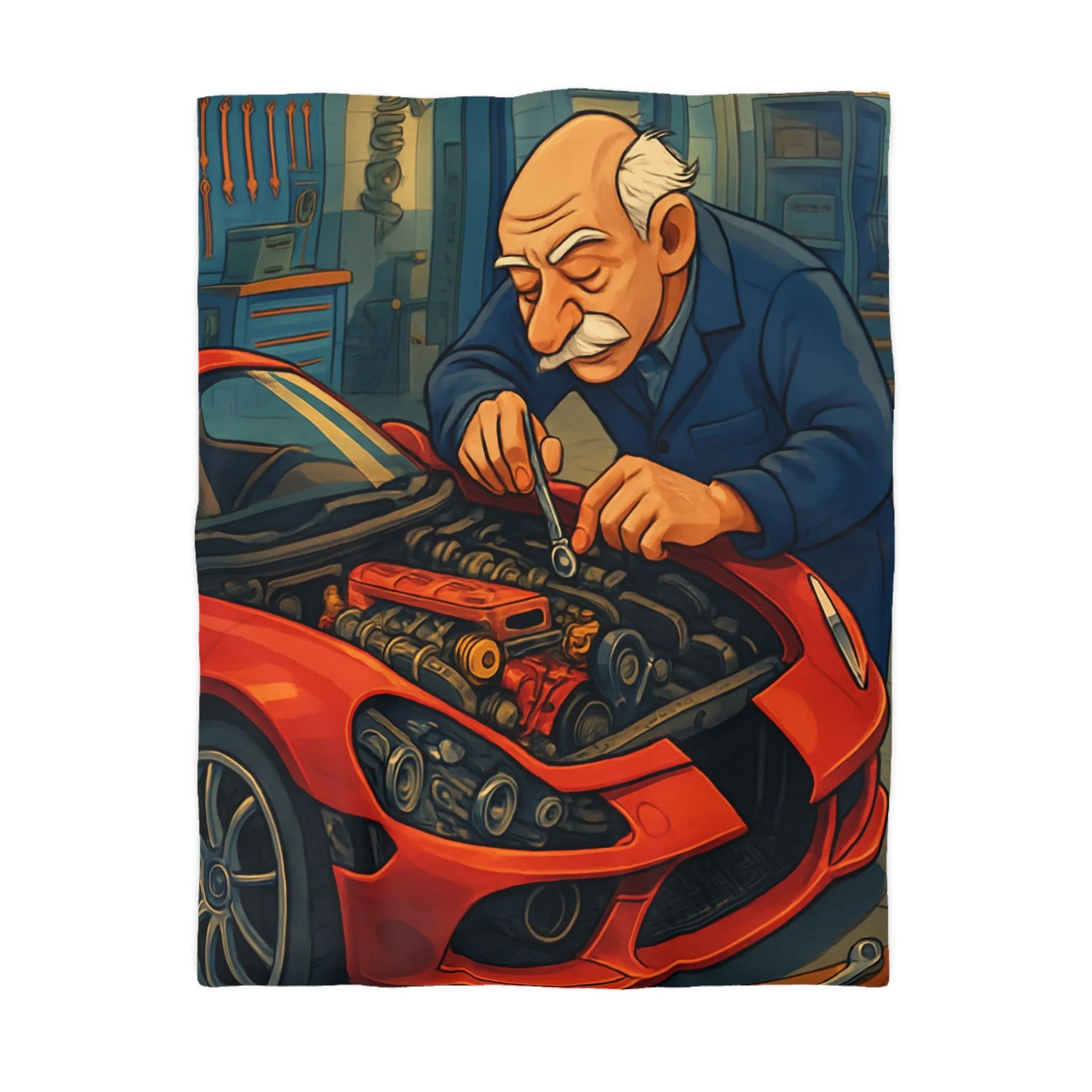 Housse de couette voiture rouge et mécanicien dans garage rétro pour chambre unique