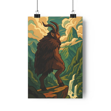 Poster mystérieuse créature montagneuses nuages cascade rocher paysage serein couleurs terreuses style cartoon vintage ambiance paisible salon bureau