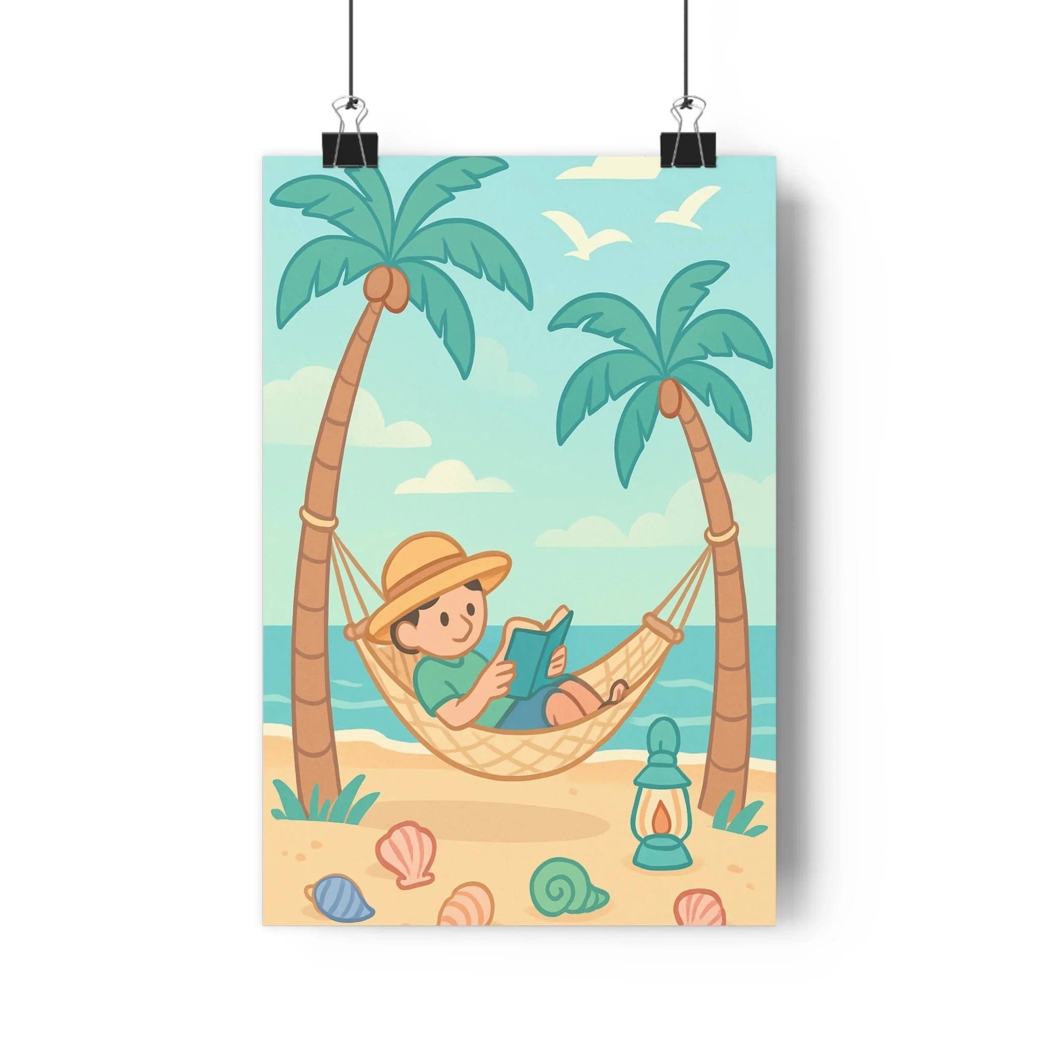 Poster décoratif cartoon plage relaxant bleu vert beige chambre ambiance paisible adulte lecture fantaisie