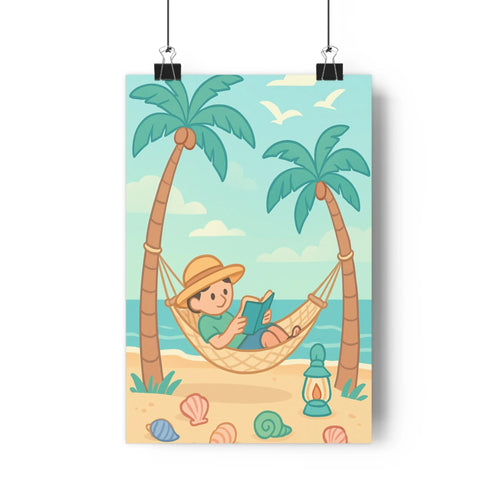 Poster enfant hamac plage palmiers livre coquillages lanterne ciel bleu nuages oiseaux cartoon calme détente chambre salon