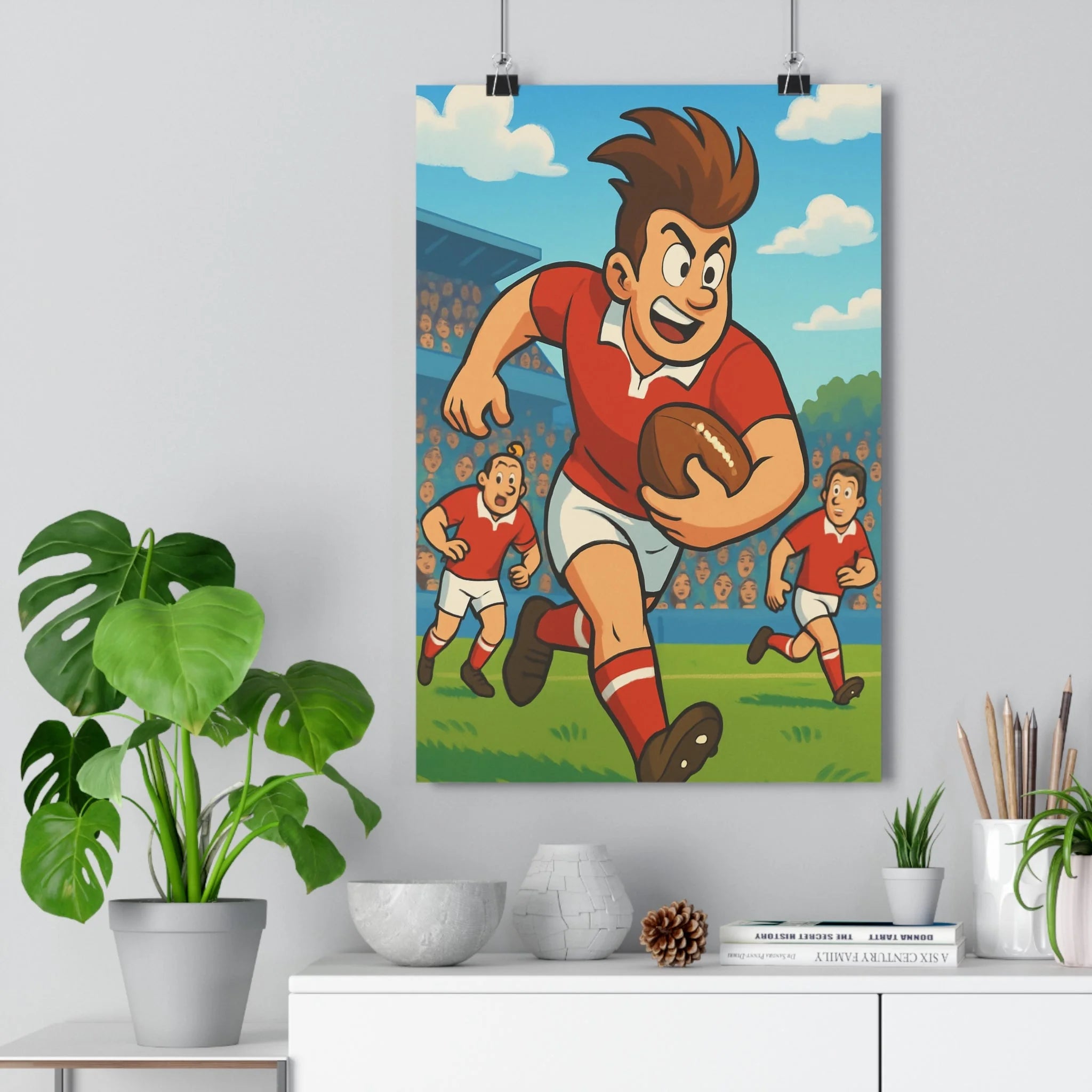 Poster décoratif rouge blanc cartoon sportif dynamique rugby chambre salon vibrant stade spectateurs joueur