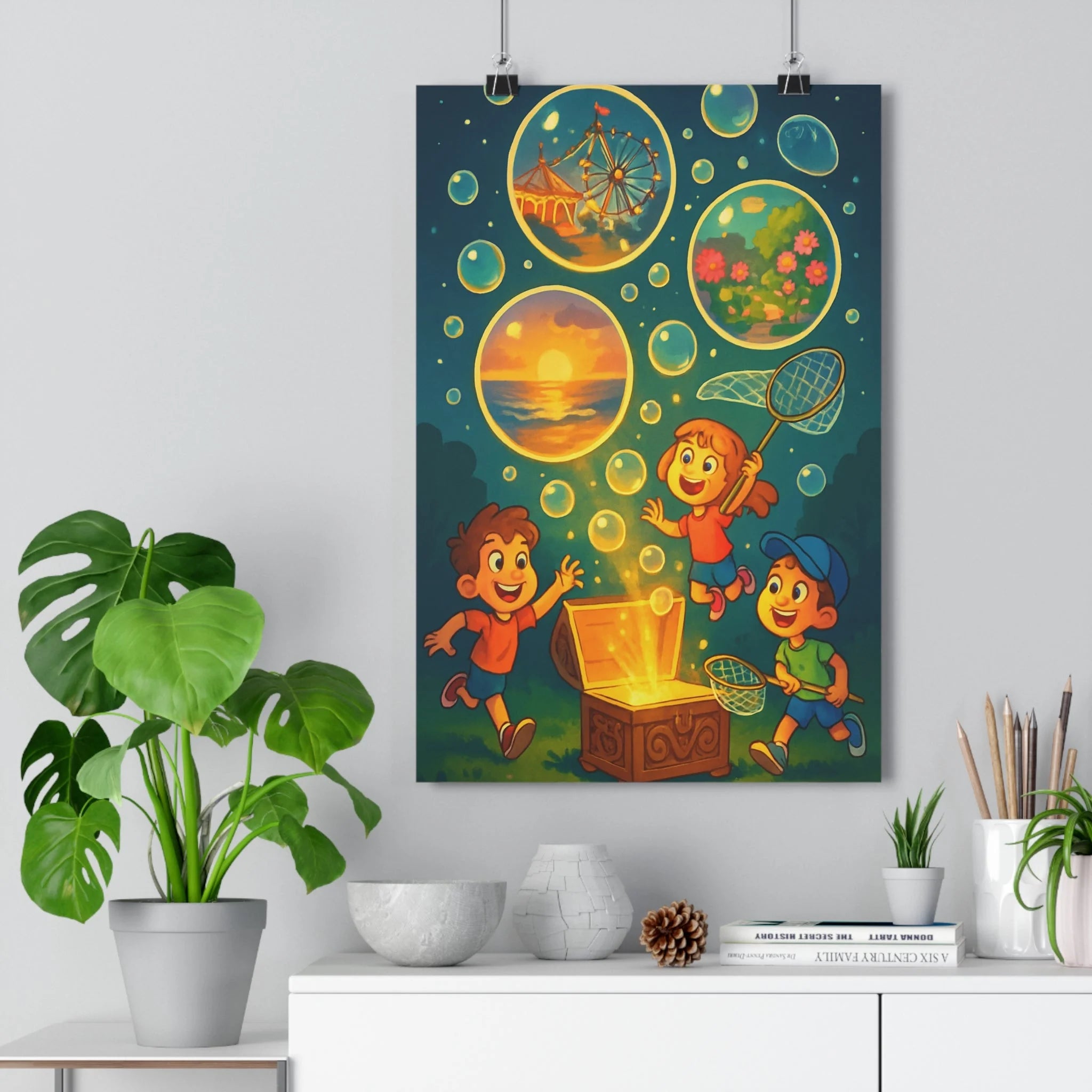 Poster décoratif enfants joyeux lumineux féerique chambre enfant dessin animé couleurs vives magique enchanté
