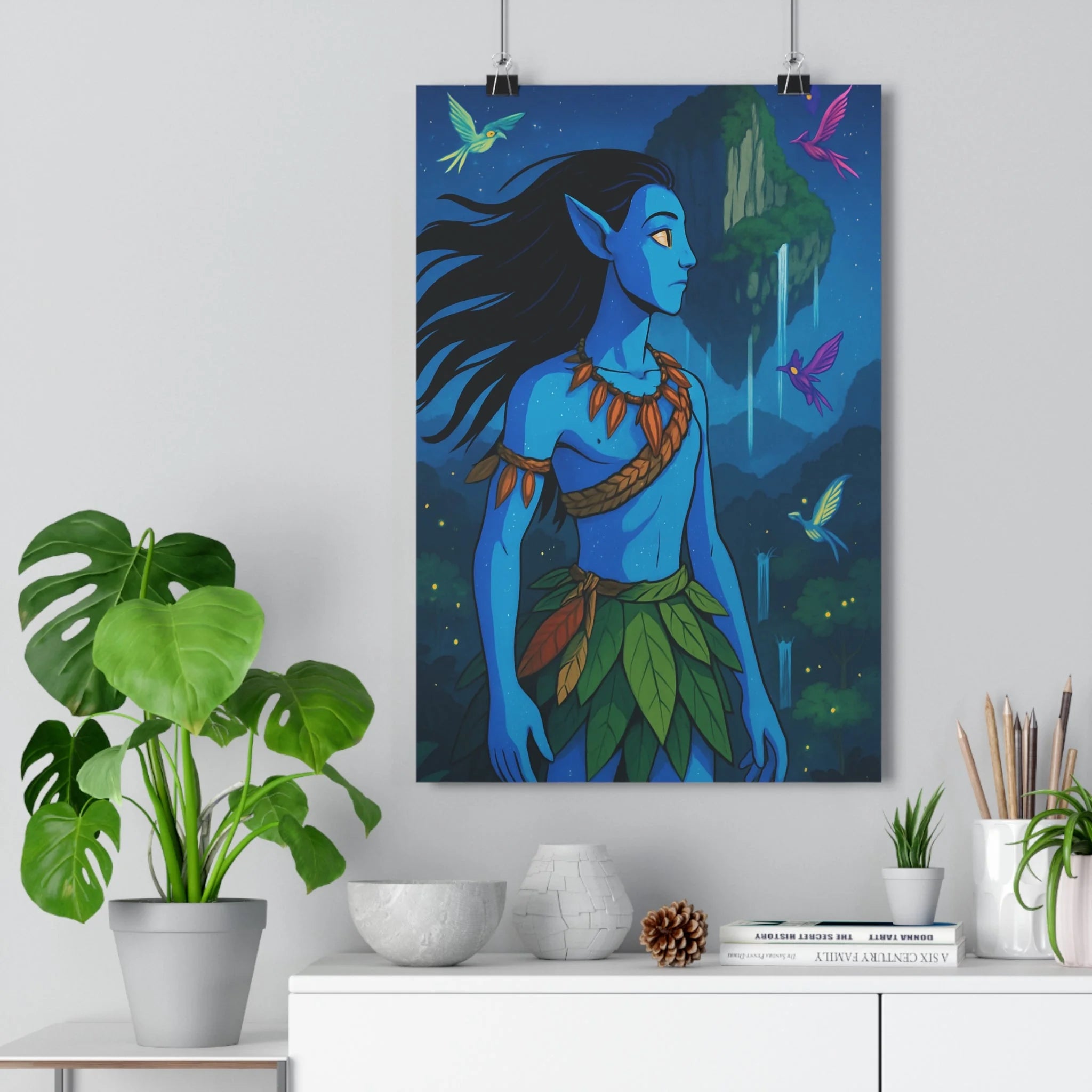 Poster décoratif mystique bleu vert dessin animé nature éthéré montagne créatures volantes chambre salon