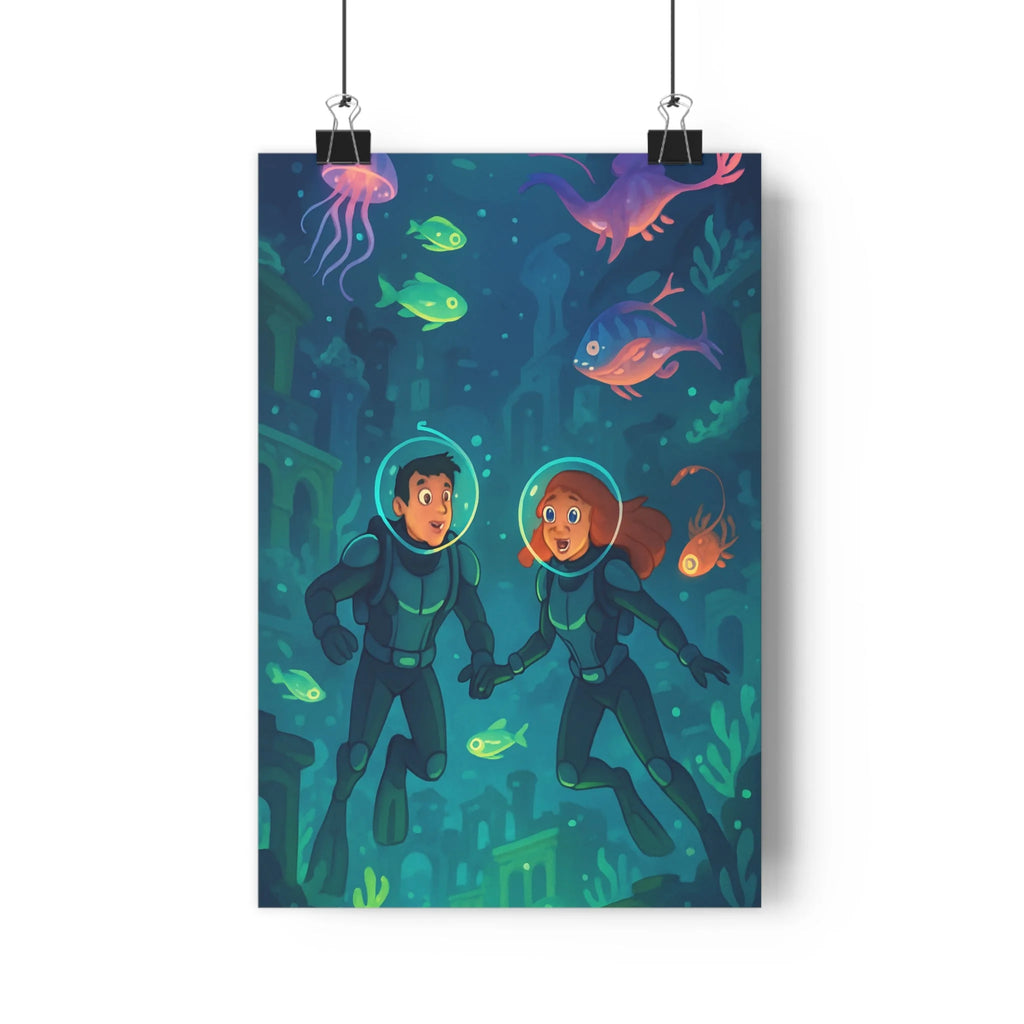 Poster décoratif animé bleu vert explorateurs aventure sousmarin enfant chambre magique poissons méduse qualité