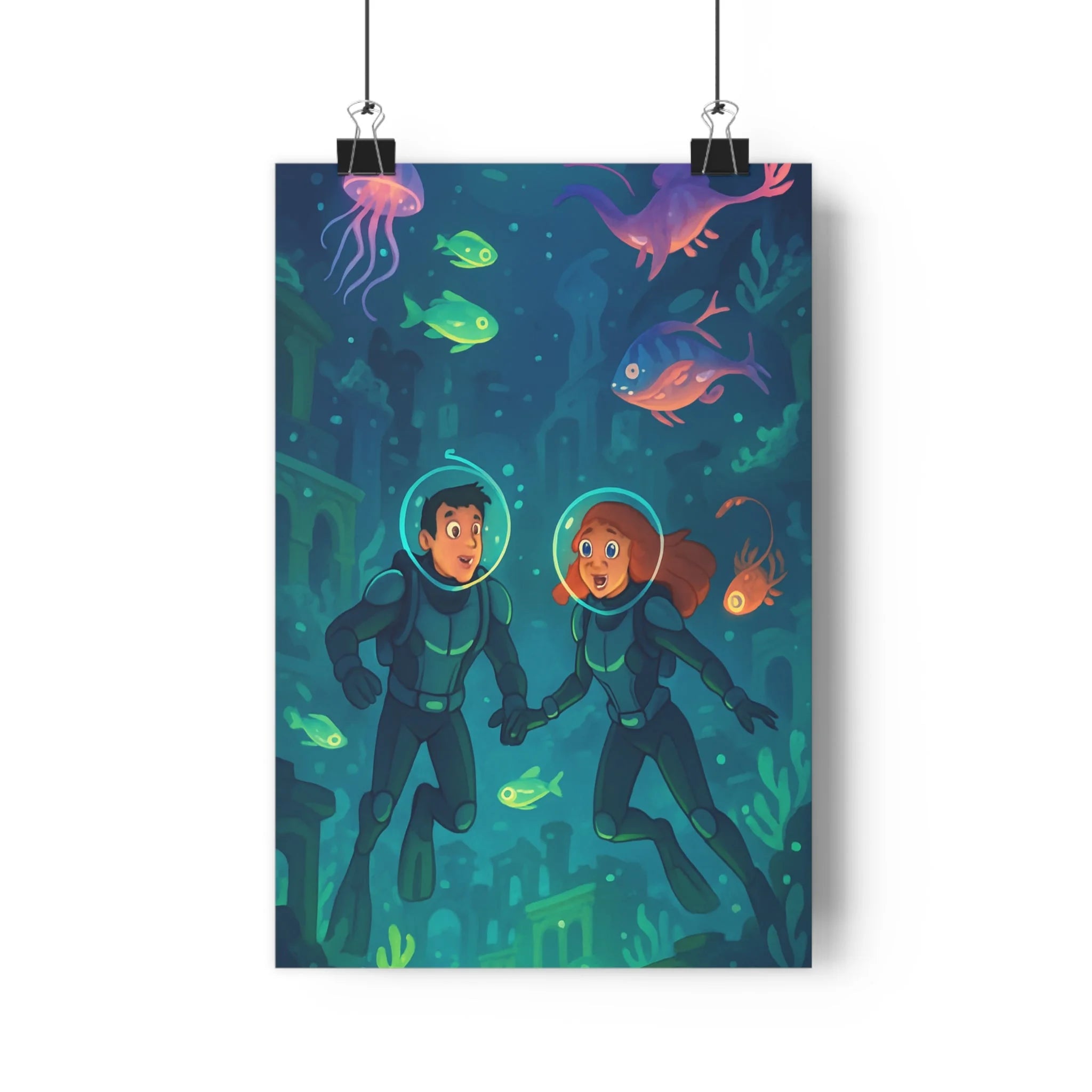 Poster décoratif animé bleu vert explorateurs aventure sousmarin enfant chambre magique poissons méduse qualité