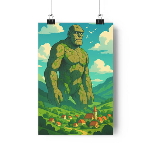 Poster titanesque gorille vert paysage rural maisons colline foret montagne ciel bleu nuages oiseaux nature sauvage calme fantastique chambre salon