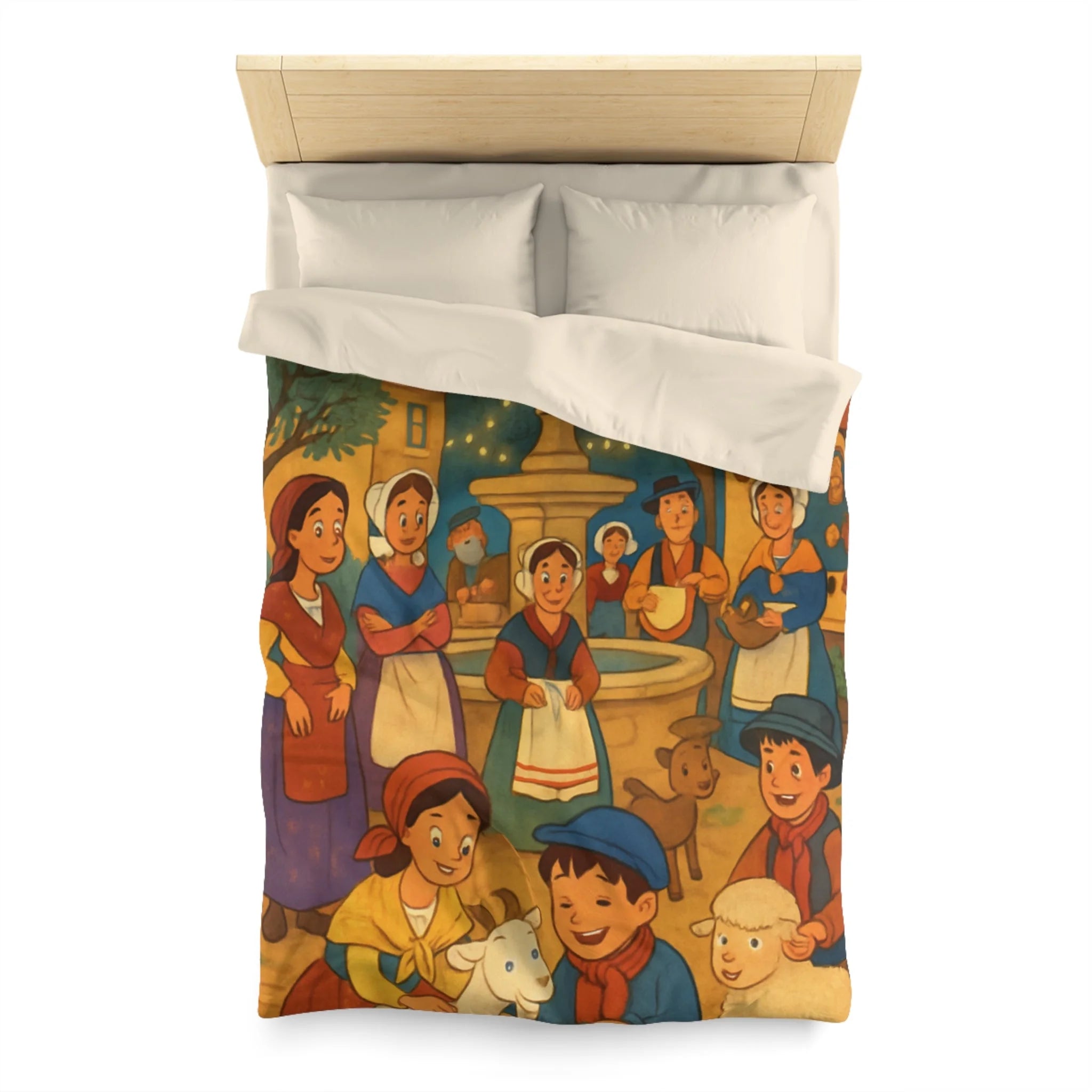 Housse de couette pour enfants avec scène villageoise festive et animaux mignons joyeux