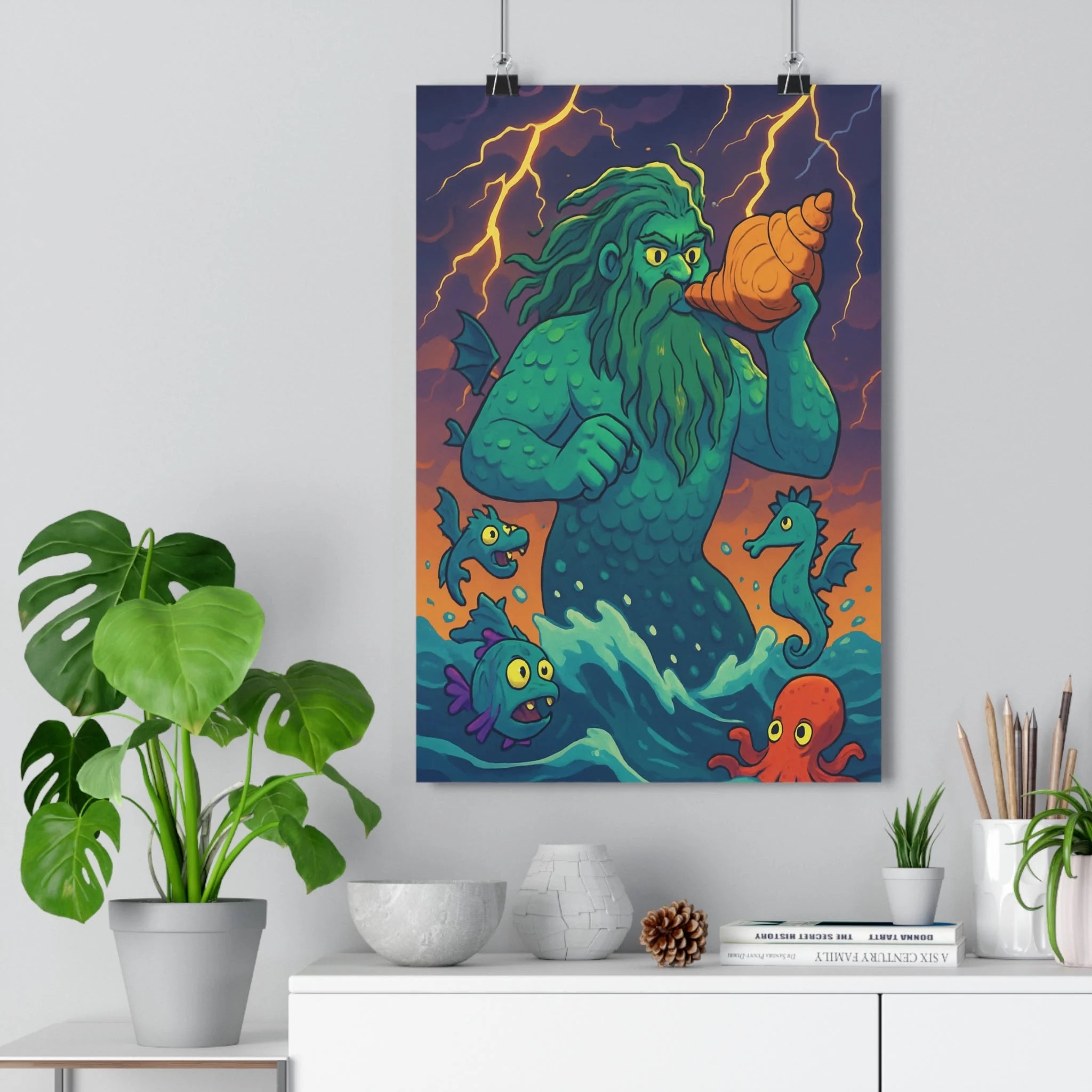 Poster décoratif cartoon bleu vert orange aventure mystique chambre salon bureau géant marin enfants