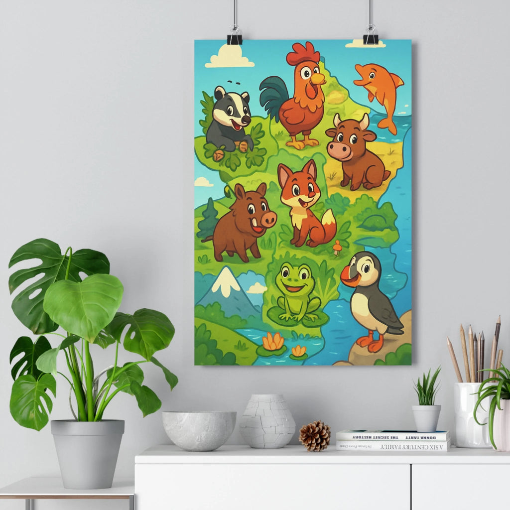 Poster décoratif animalier joyeux coloré enfant chambre ludique carte France illustration vibrant 30x46 cm