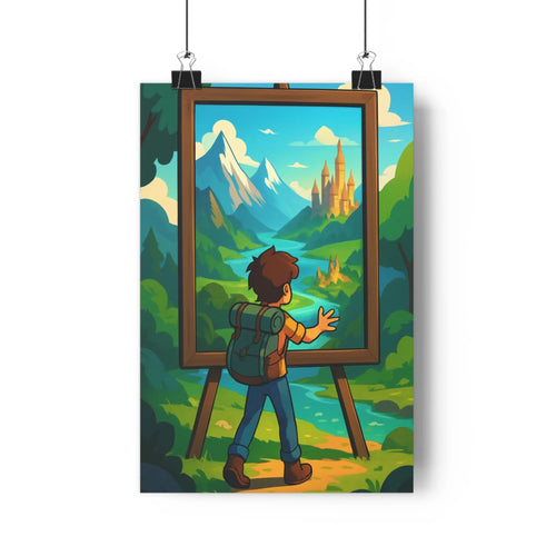 Poster paysage fantastique garçon sac dos chevalet toile montagnes enneigées château forêt serpent riverain plantes étagère blanche ambiance douce cartoon