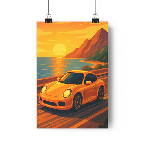 Poster sportive voiture orange coucher soleil vague mer plage ambiance dynamique énergique déco salon chambre