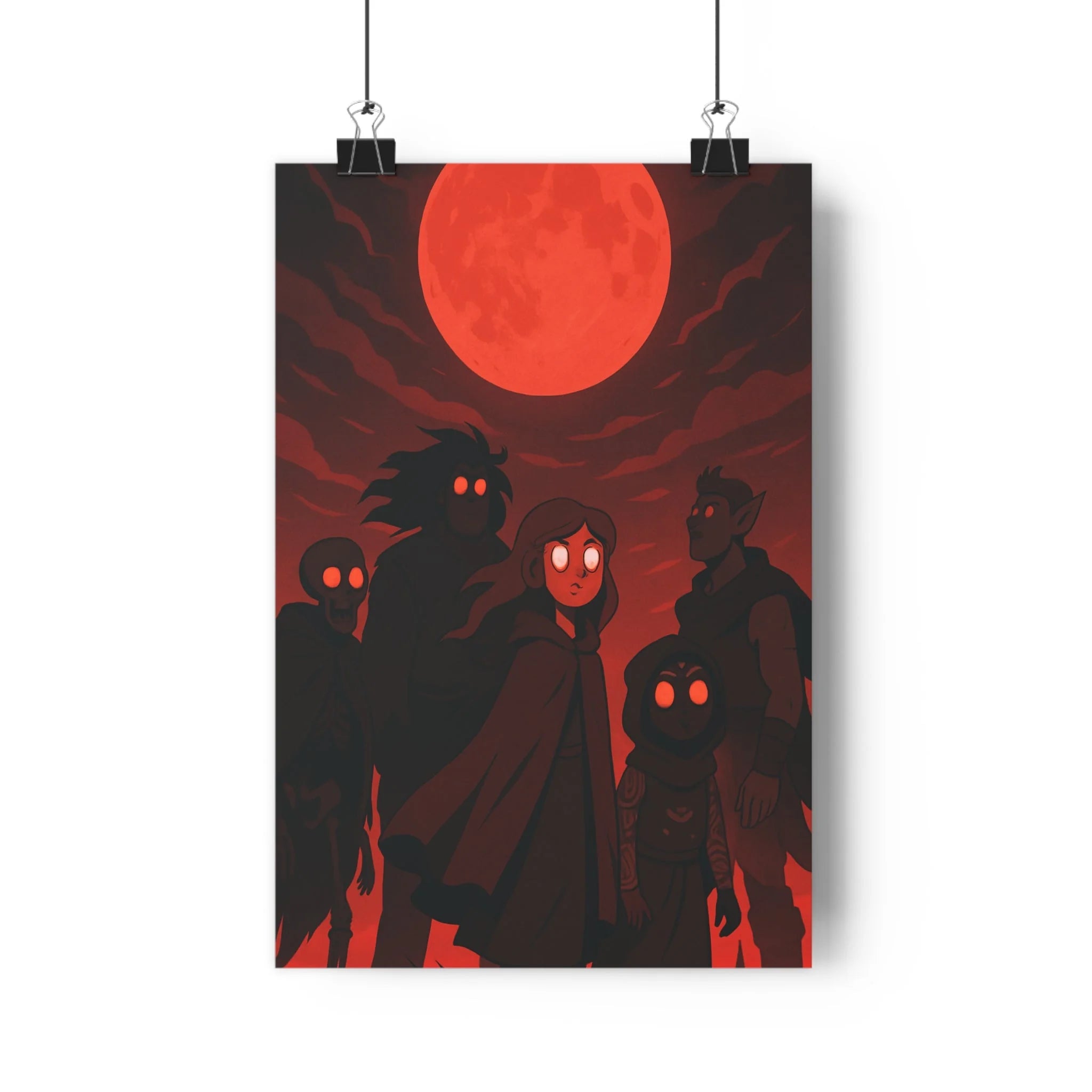Poster décoratif dessin animé rouge noir mystique mystérieux salon chambre silhouettes intrigantes captivant design