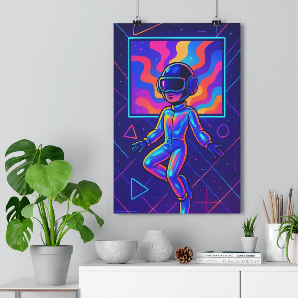 Poster décoratif futuriste cyberpunk néon bleu rose chambre moderne vibrant dynamique personnage casque combinaison