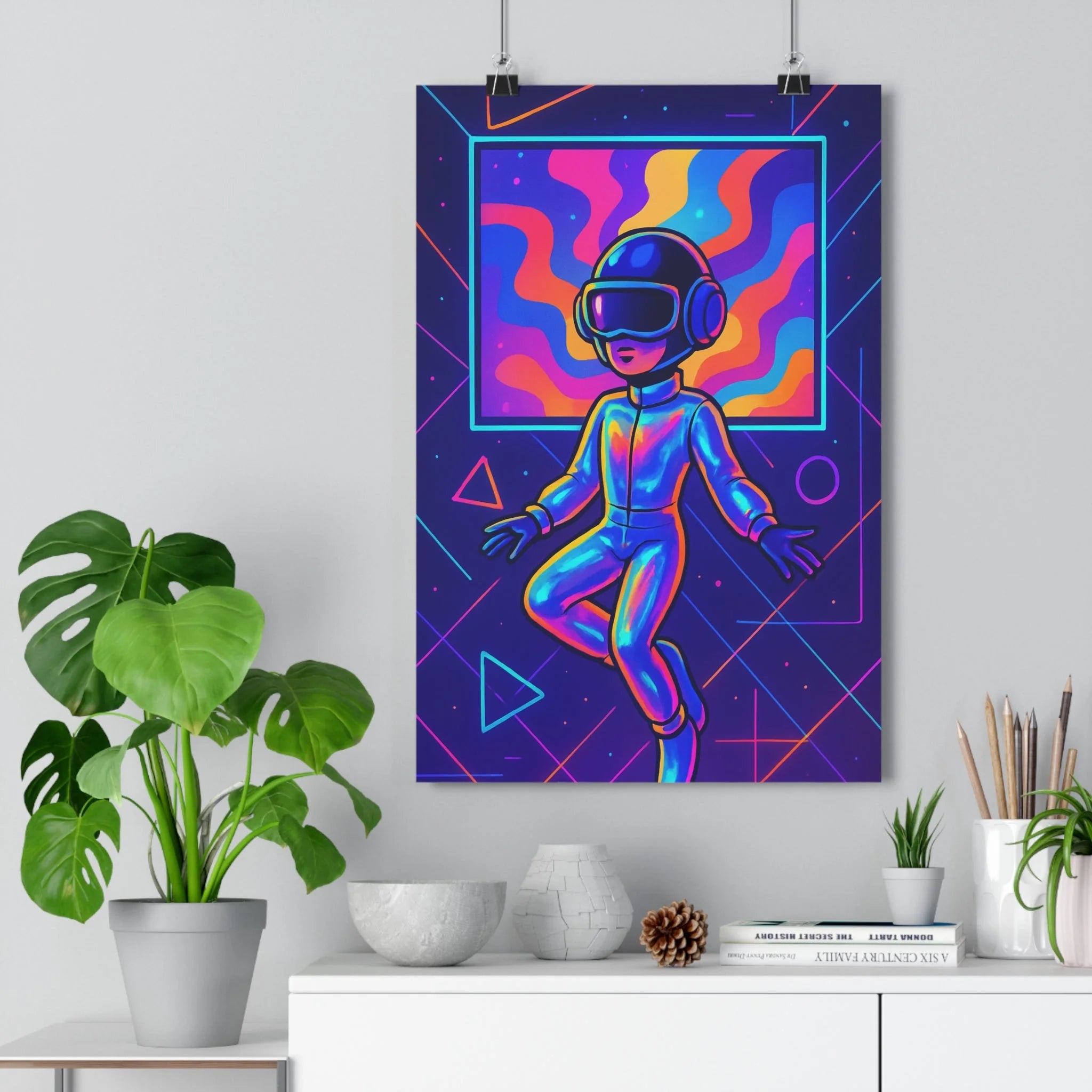 Poster décoratif futuriste cyberpunk néon bleu rose chambre moderne vibrant dynamique personnage casque combinaison