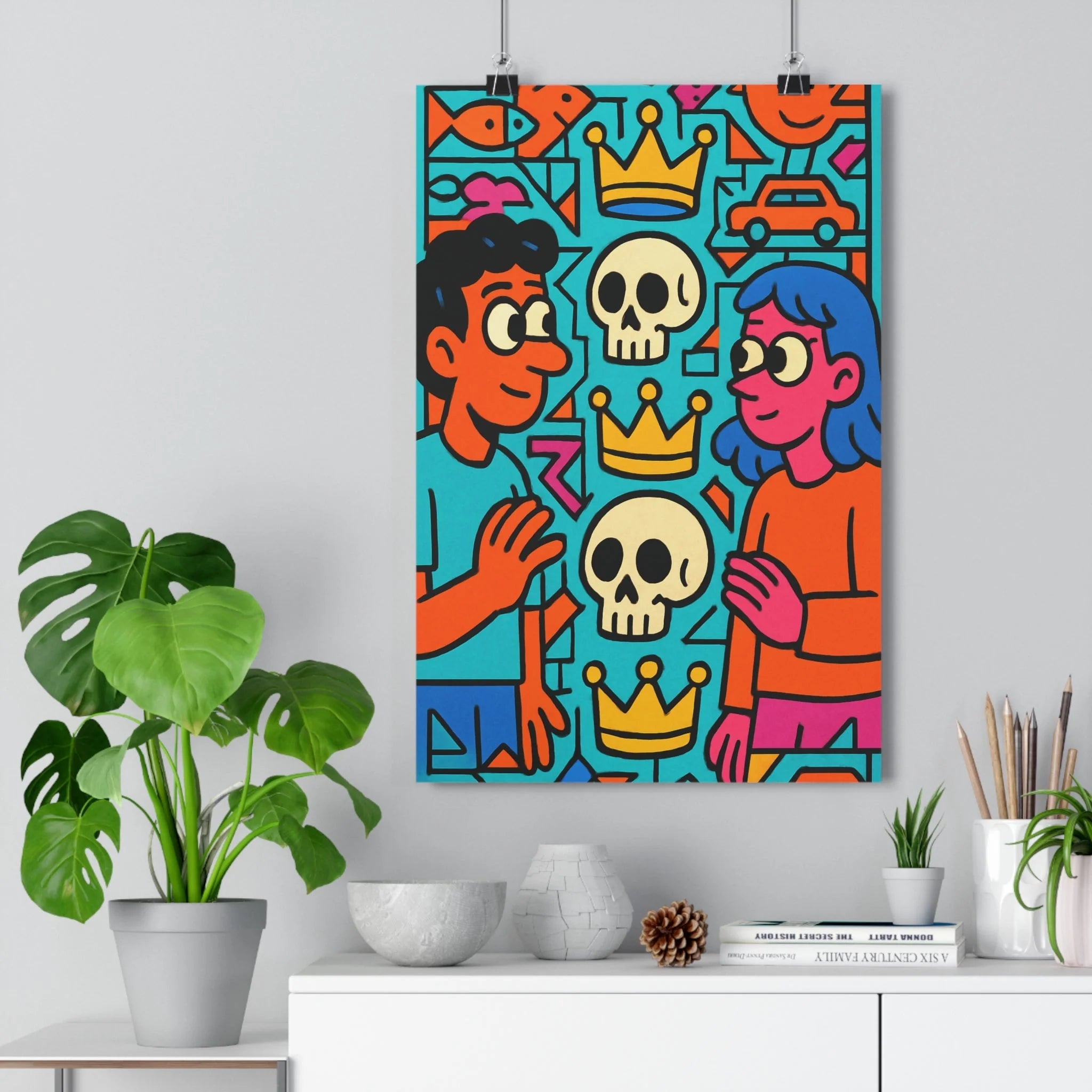 Poster décoratif graffiti cartoon bleu rose orange moderne chambre adolescent dynamique audacieux tendance unique