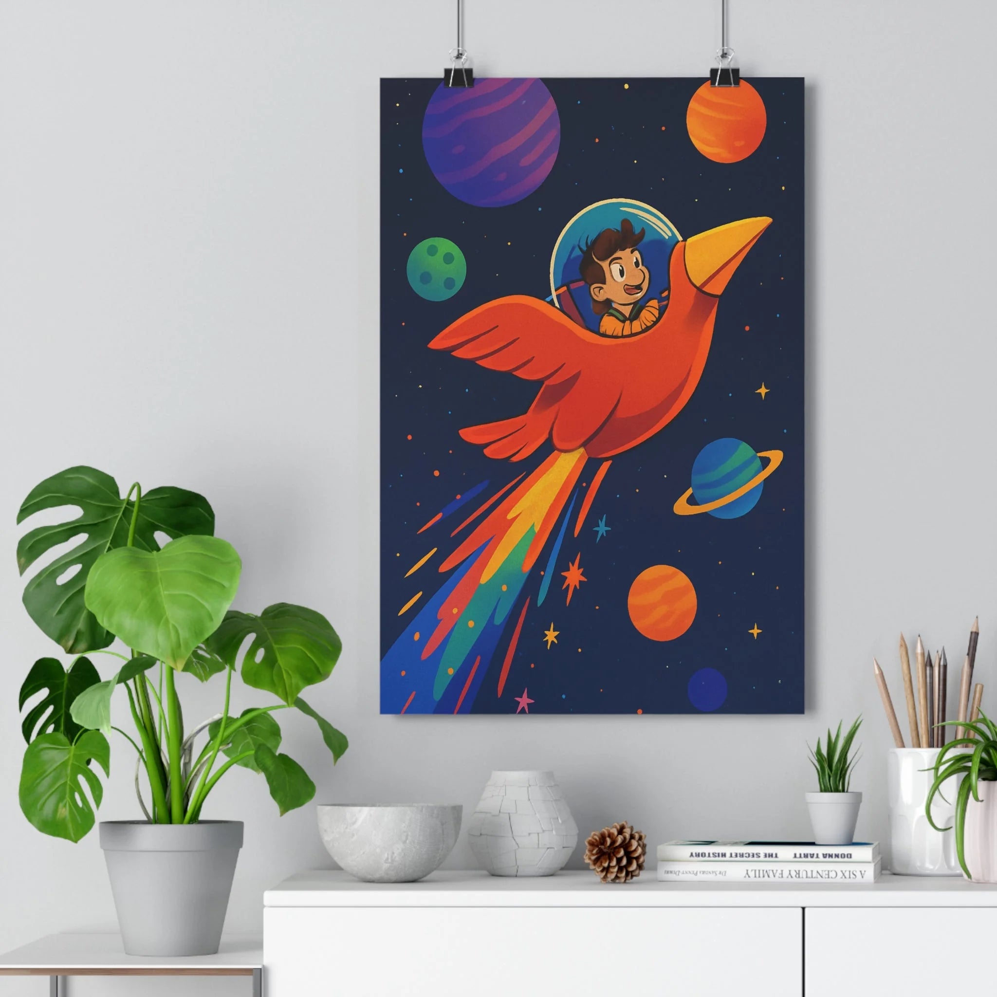 Poster décoratif capsule spatiale rouge univers coloré illustratif aventure joyeux salon enfant moderne vibrant