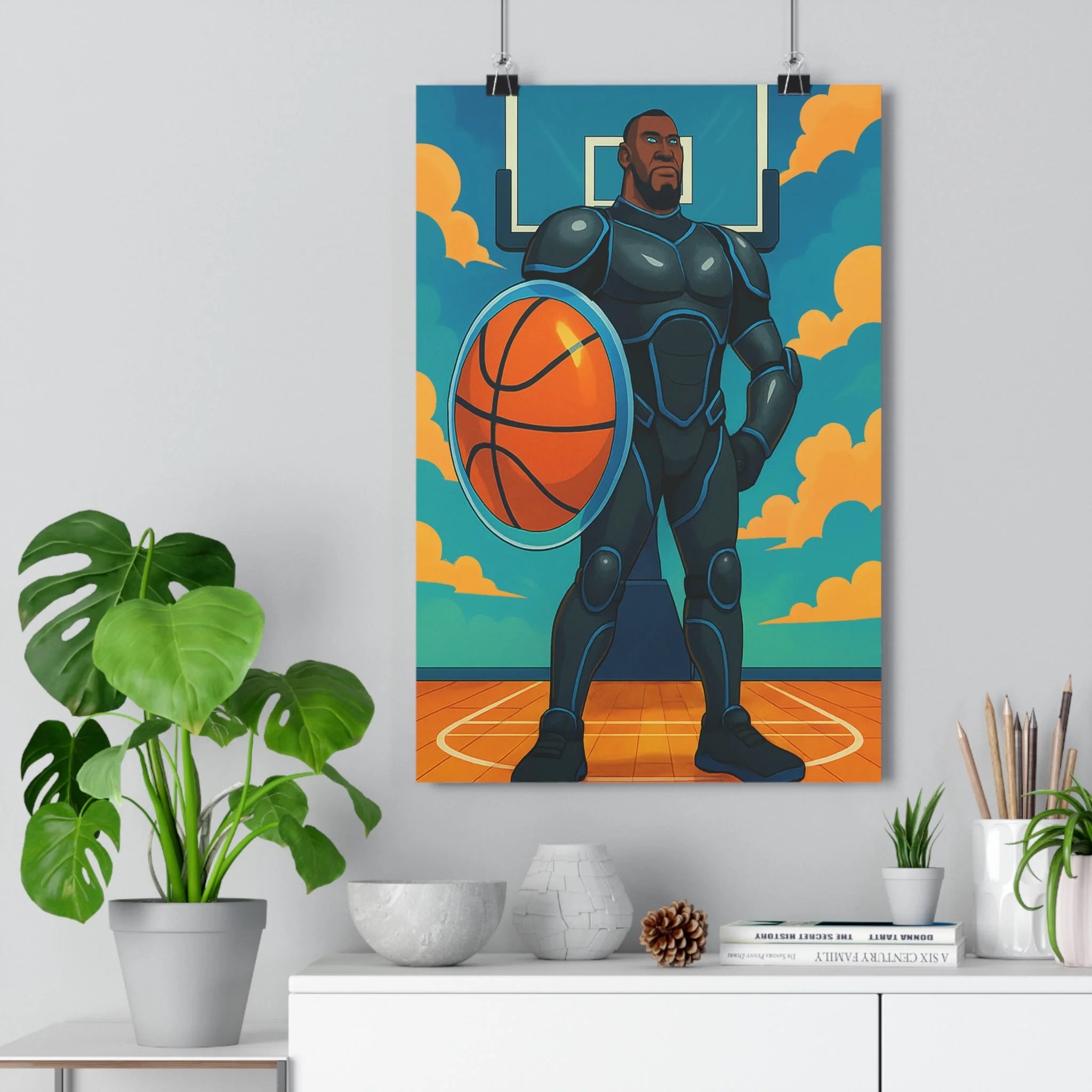 Poster décoratif joueur basket illustration futuriste bande dessinée bleu orange chambre ado dynamique vibrant